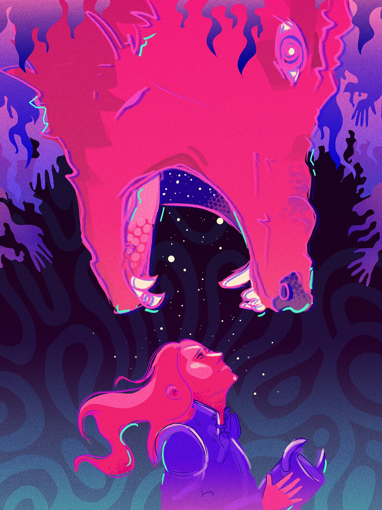 A girl with pink hair looks up at a large, pink, fiery creature with glowing eyes in a dark, swirling background.
