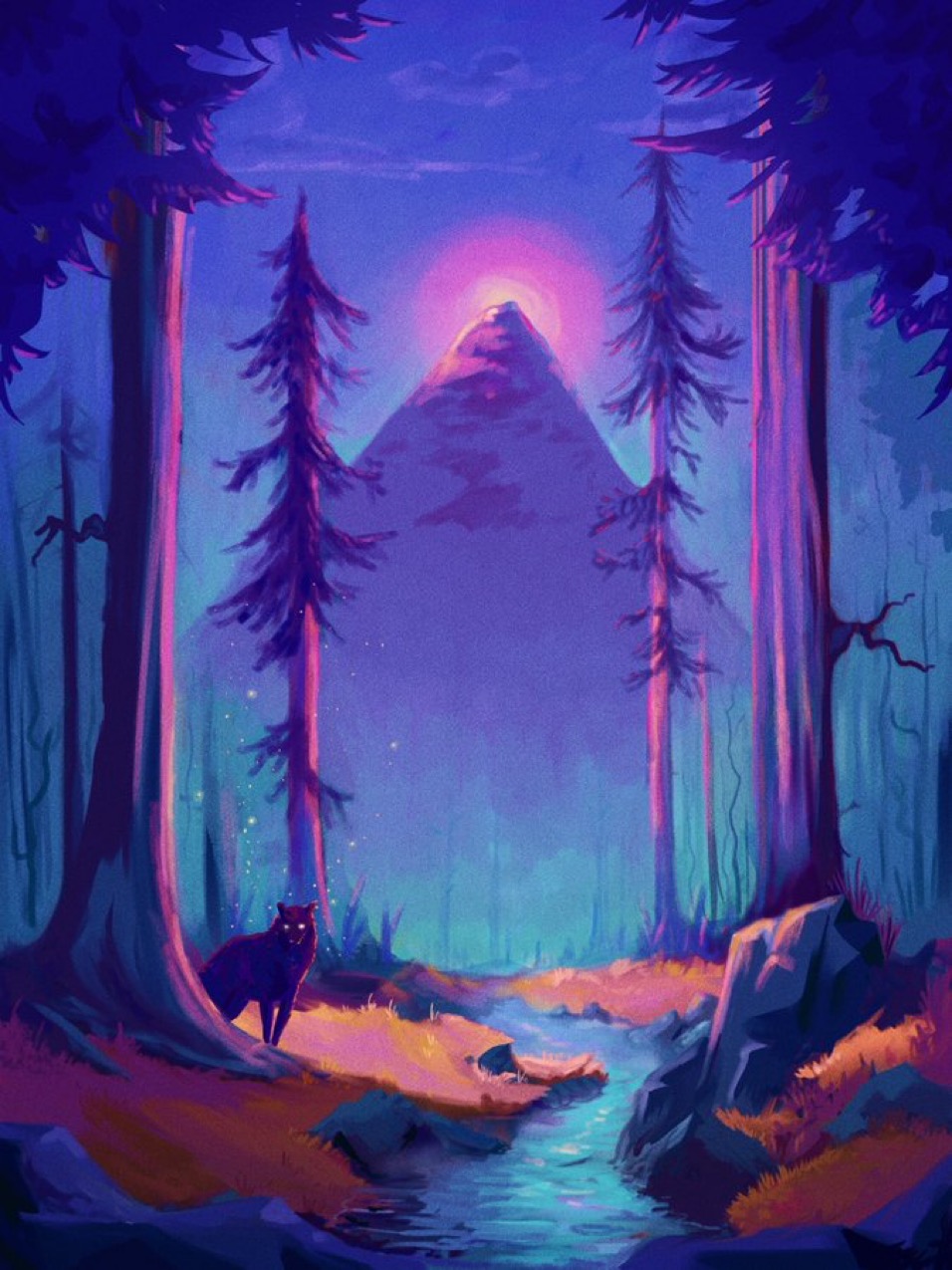 A colorful forest scene with tall trees, a mountain in the background, and a stream flowing through the forest.