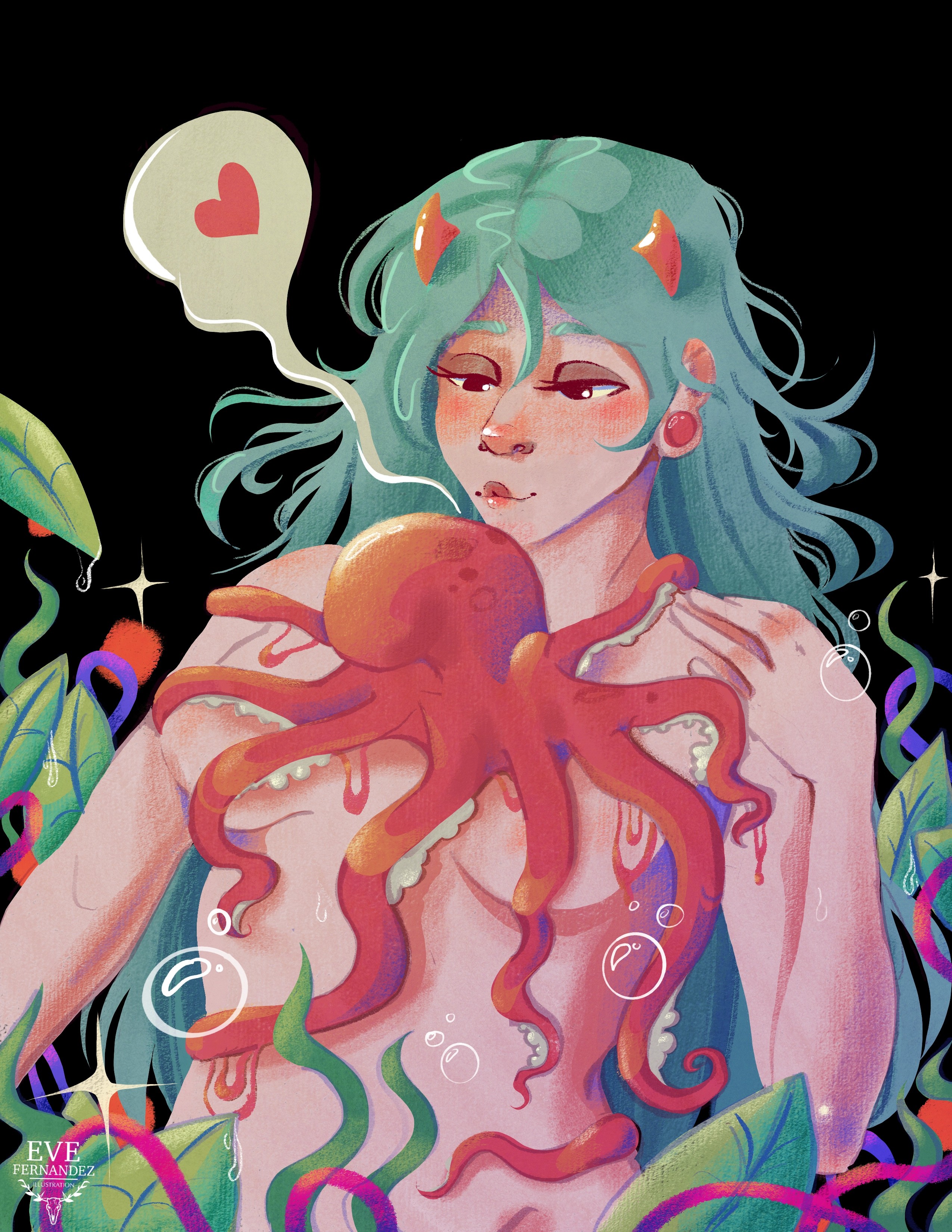 A girl with blue hair and red horns holds an octopus, with a speech bubble containing a red heart, surrounded by colorful plants.