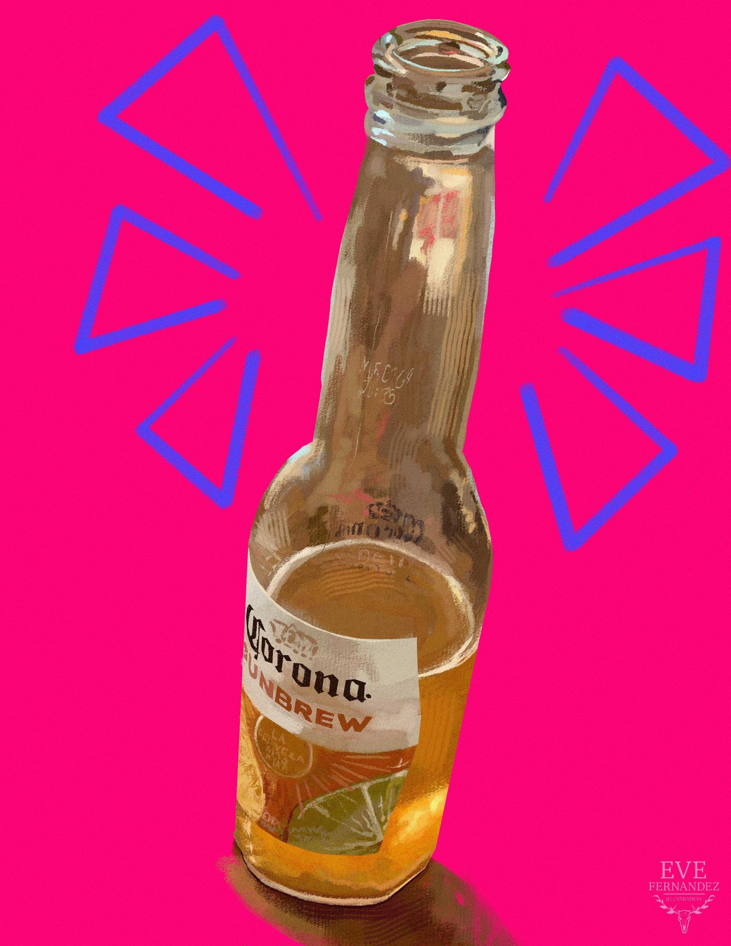 Empty Corona beer bottle with lemon slice label on pink background, blue geometric lines around it.