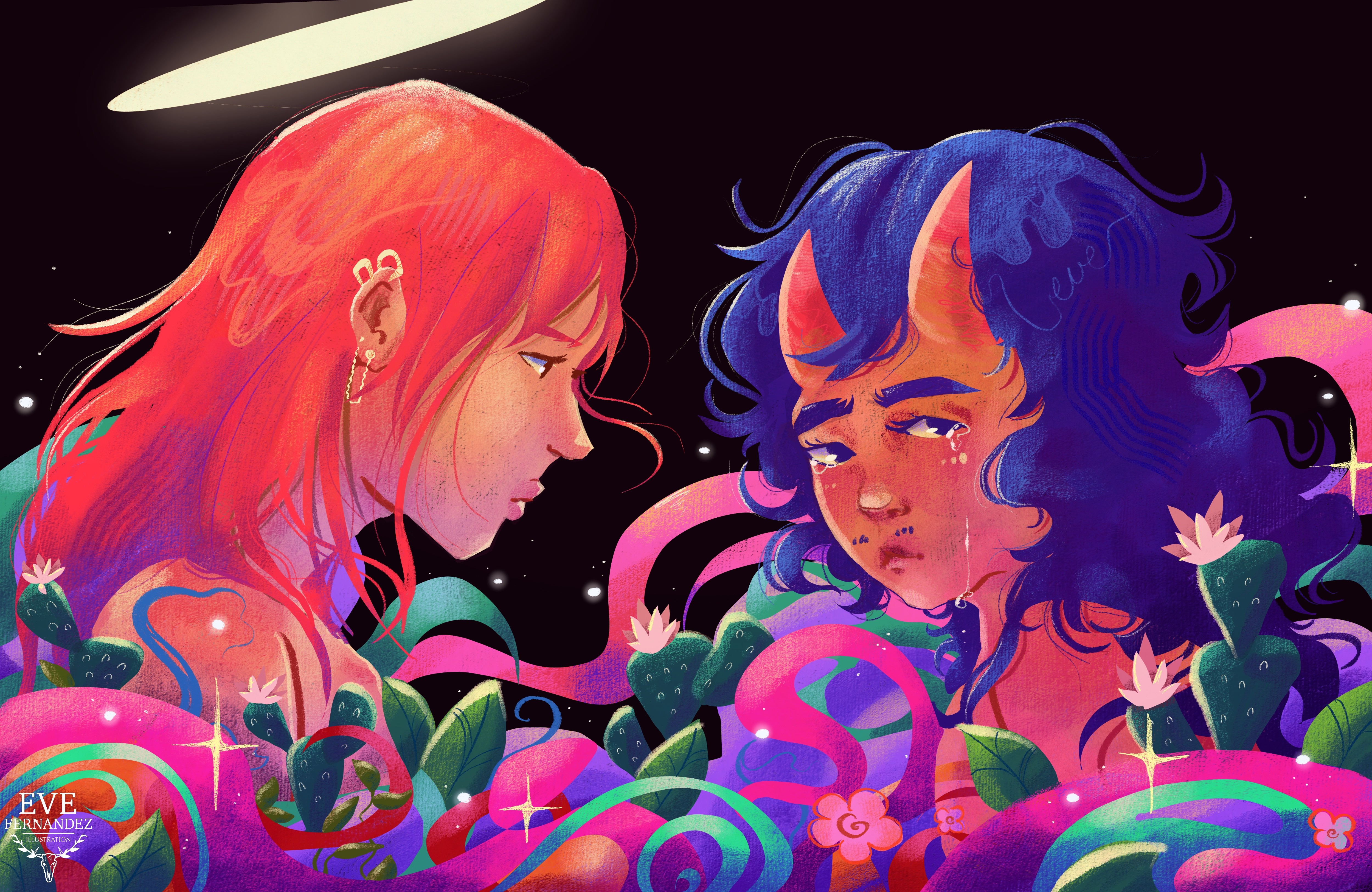 Two animated characters with colorful hair face each other among vibrant, fantastical plants and glowing elements, set against a dark background.