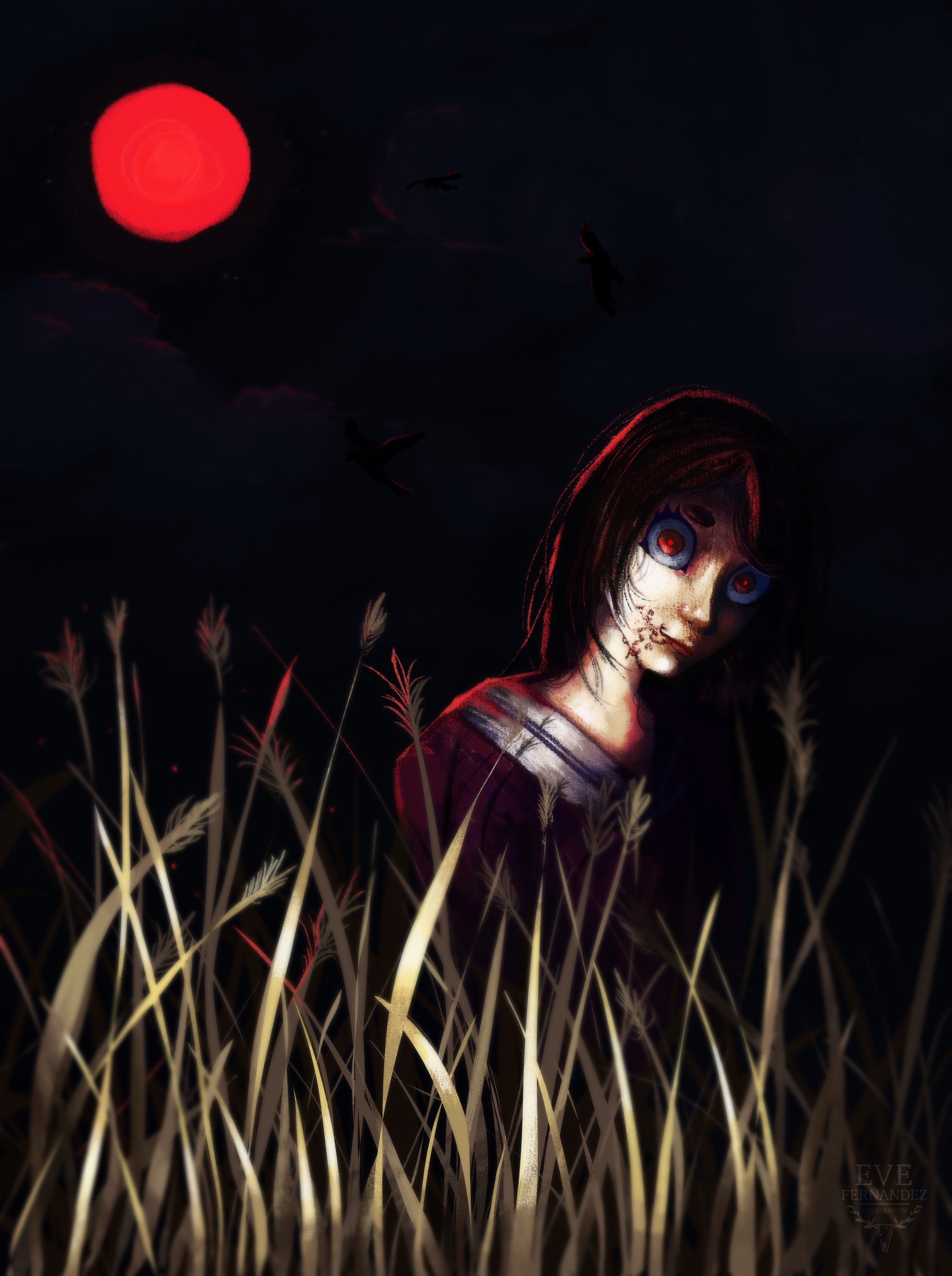 A girl with large eyes and dark hair stands among tall grass under a dark sky with a red moon.