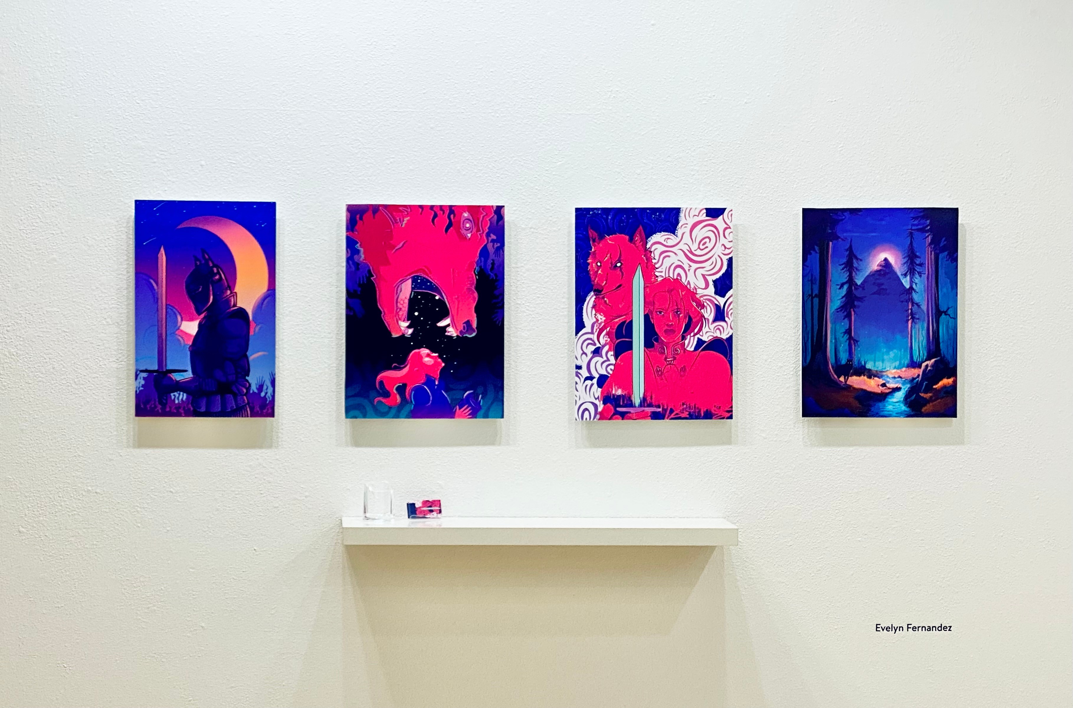 Four colorful abstract paintings hang on a white gallery wall, with a small shelf below displaying a tiny object.