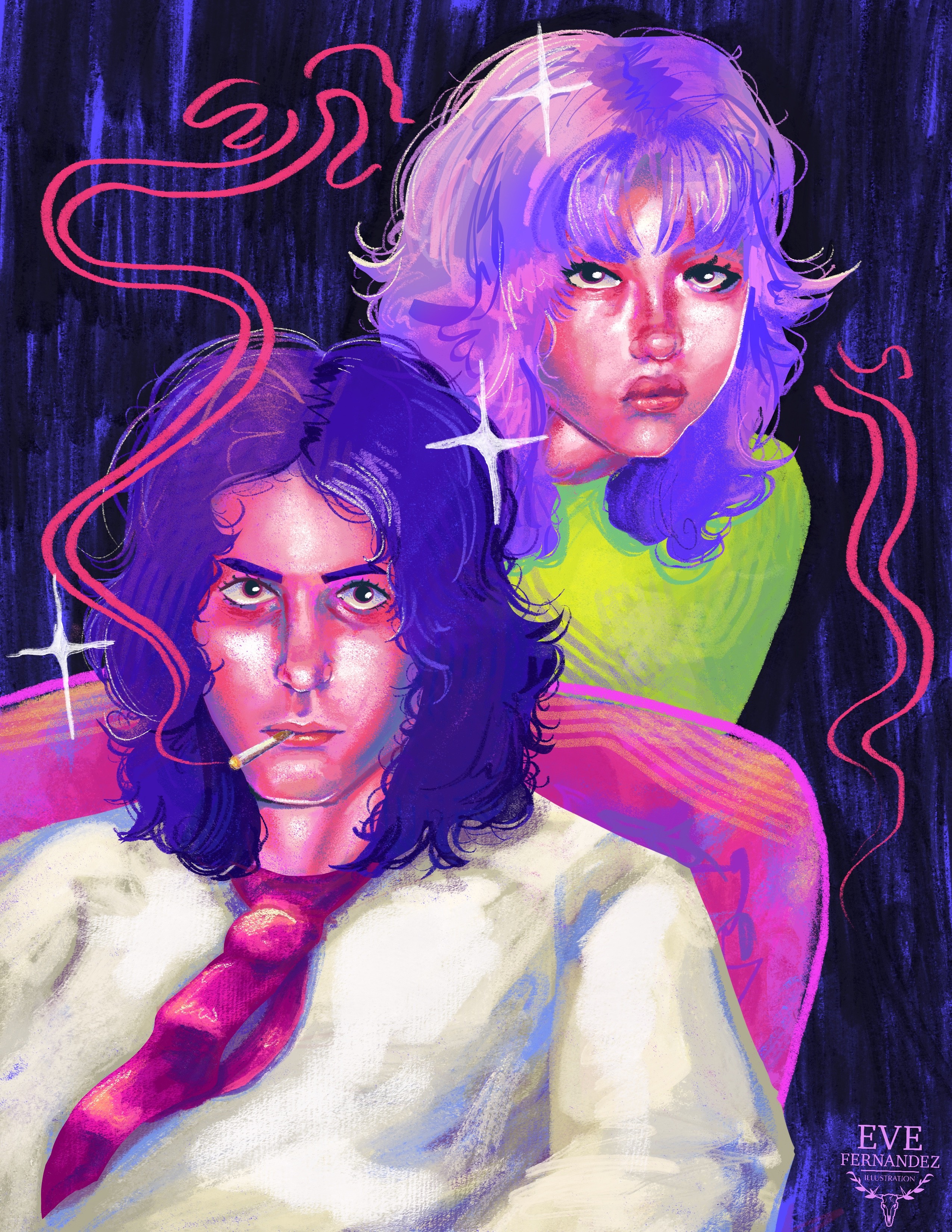 Two women with colorful hair and makeup, surrounded by neon-like lines and sparkles, in a vibrant artistic style.