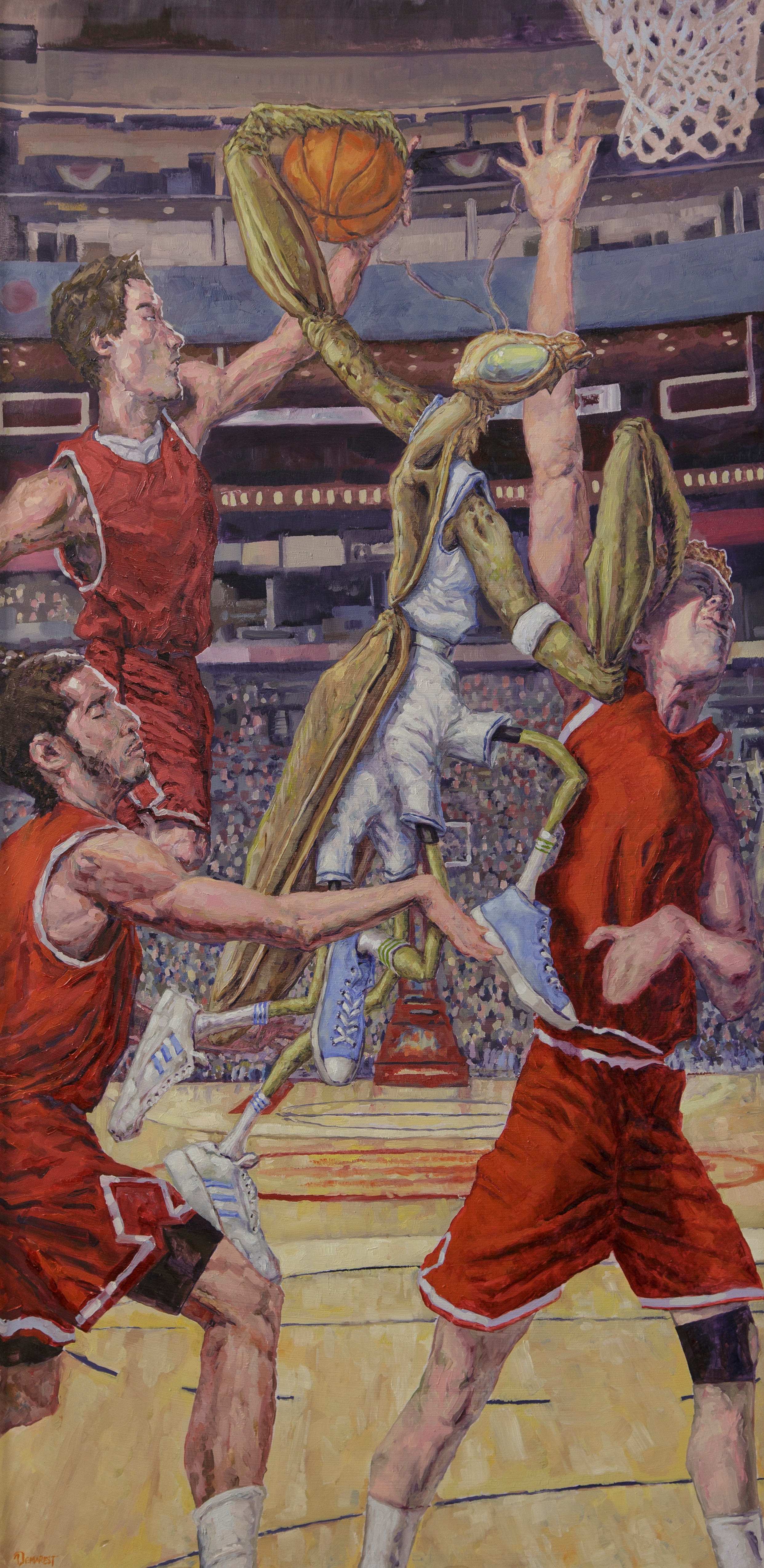 Basketball players in red uniforms compete on the court, with one player reaching for the ball. Spectators are in the background.