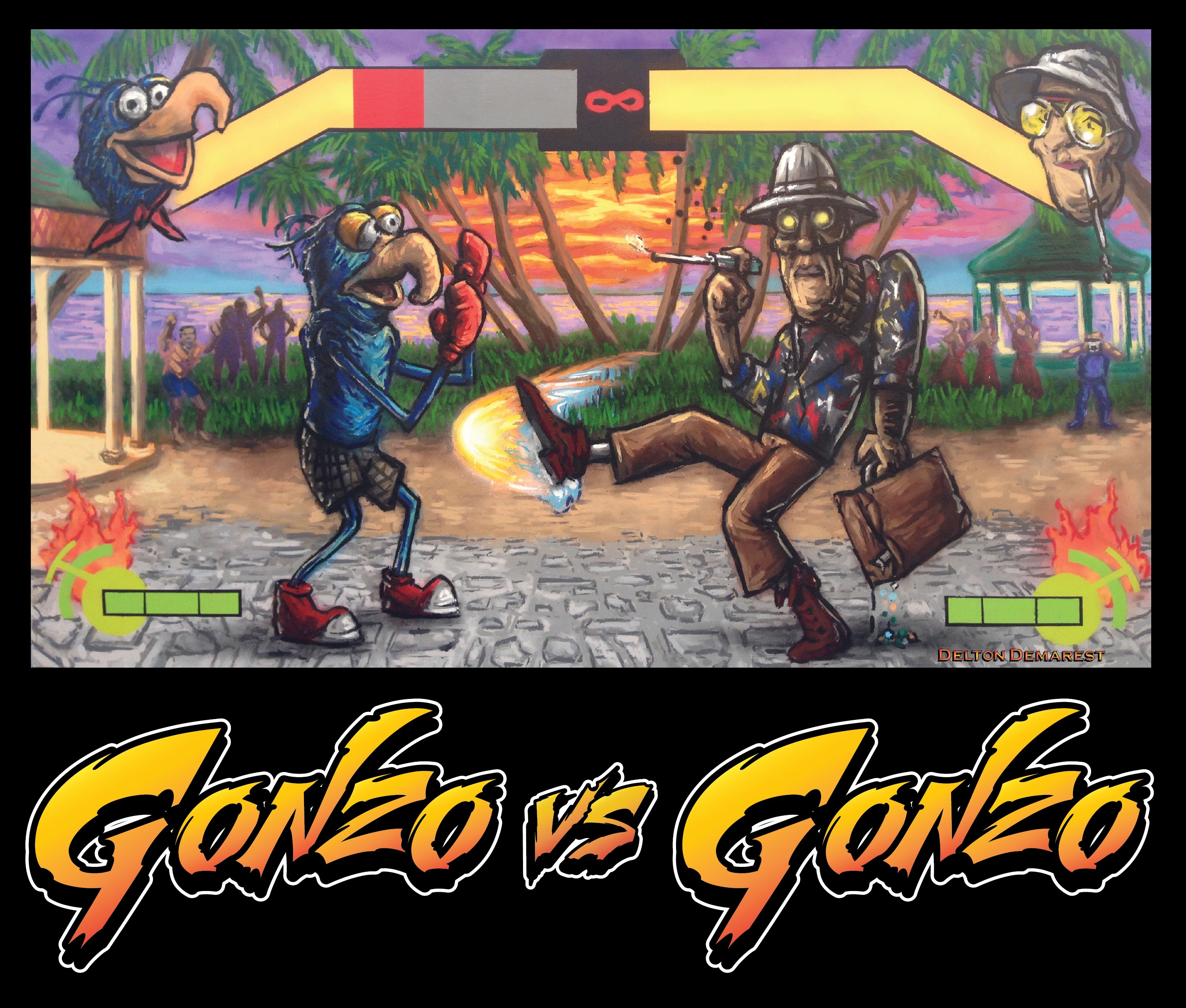 Two characters fighting outdoors with a sunset, trees, and people in the background, with game interface and title below.