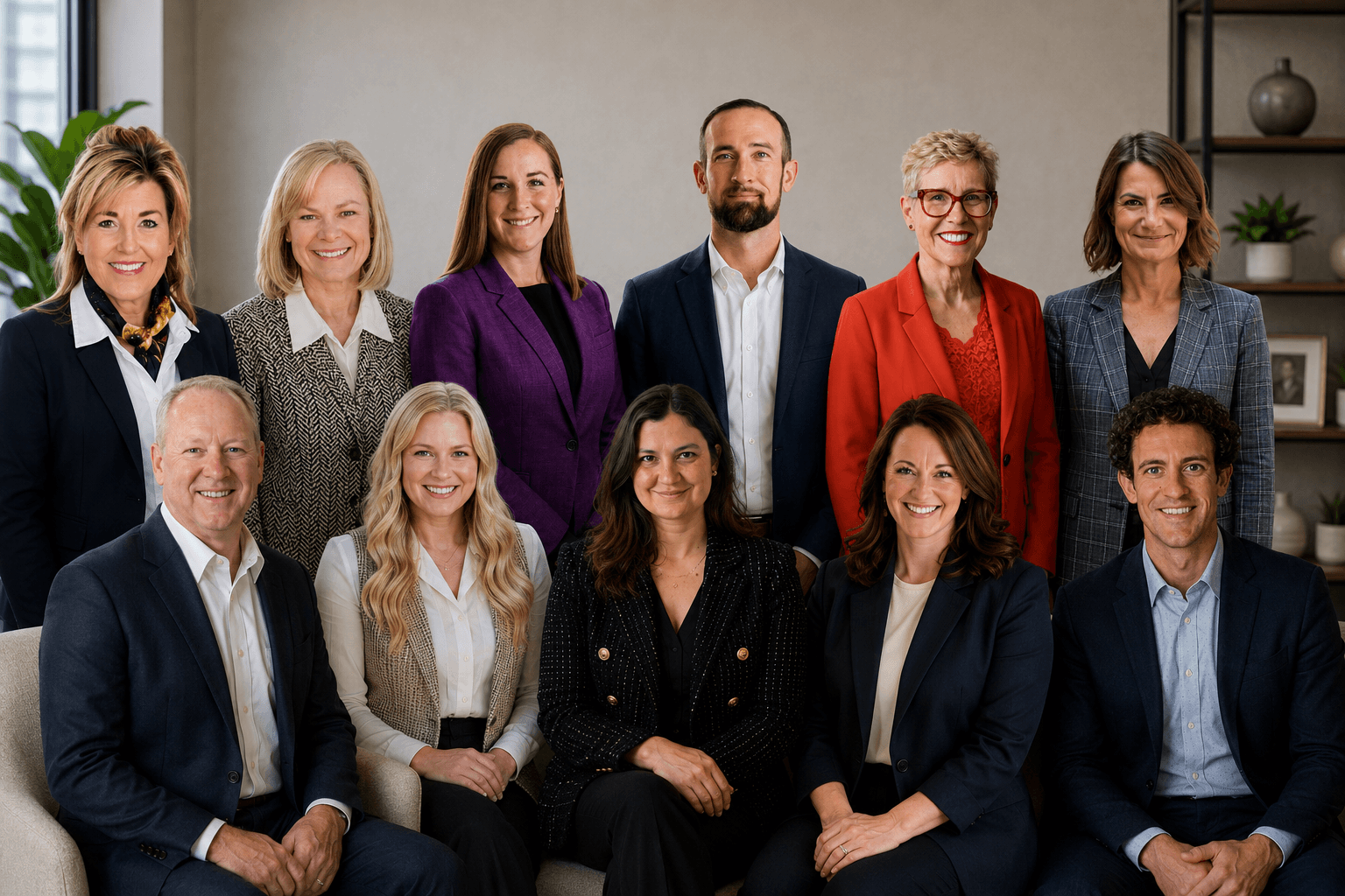Group of ten professionally dressed people smiling, standing and sitting in an office setting.