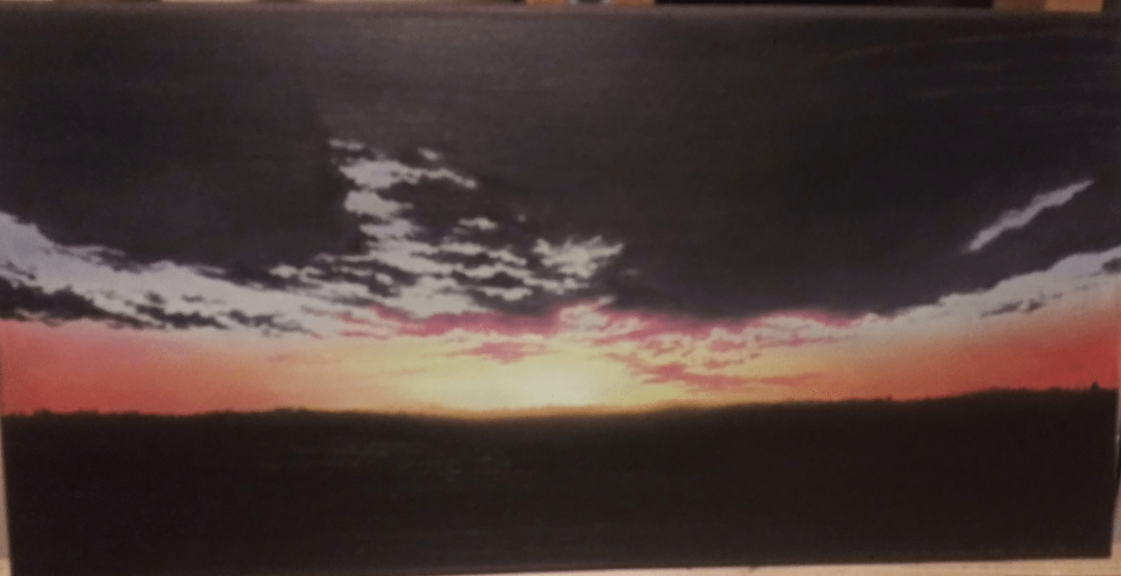 Panoramic view of a sunset with dark clouds and a colorful sky, horizon line visible, landscape below.