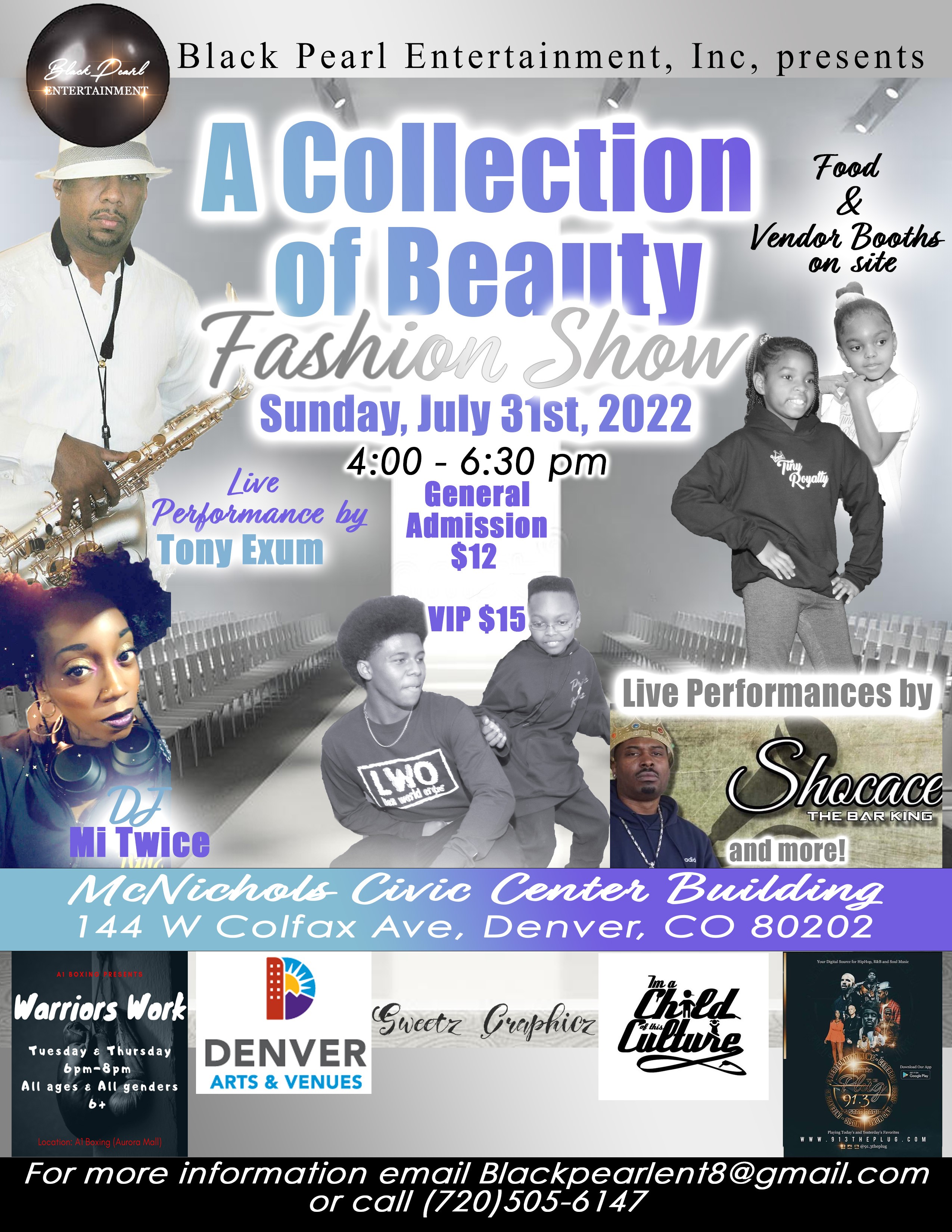 Event poster for a beauty and fashion show featuring performers, vendors, and venue details in Denver, Colorado.