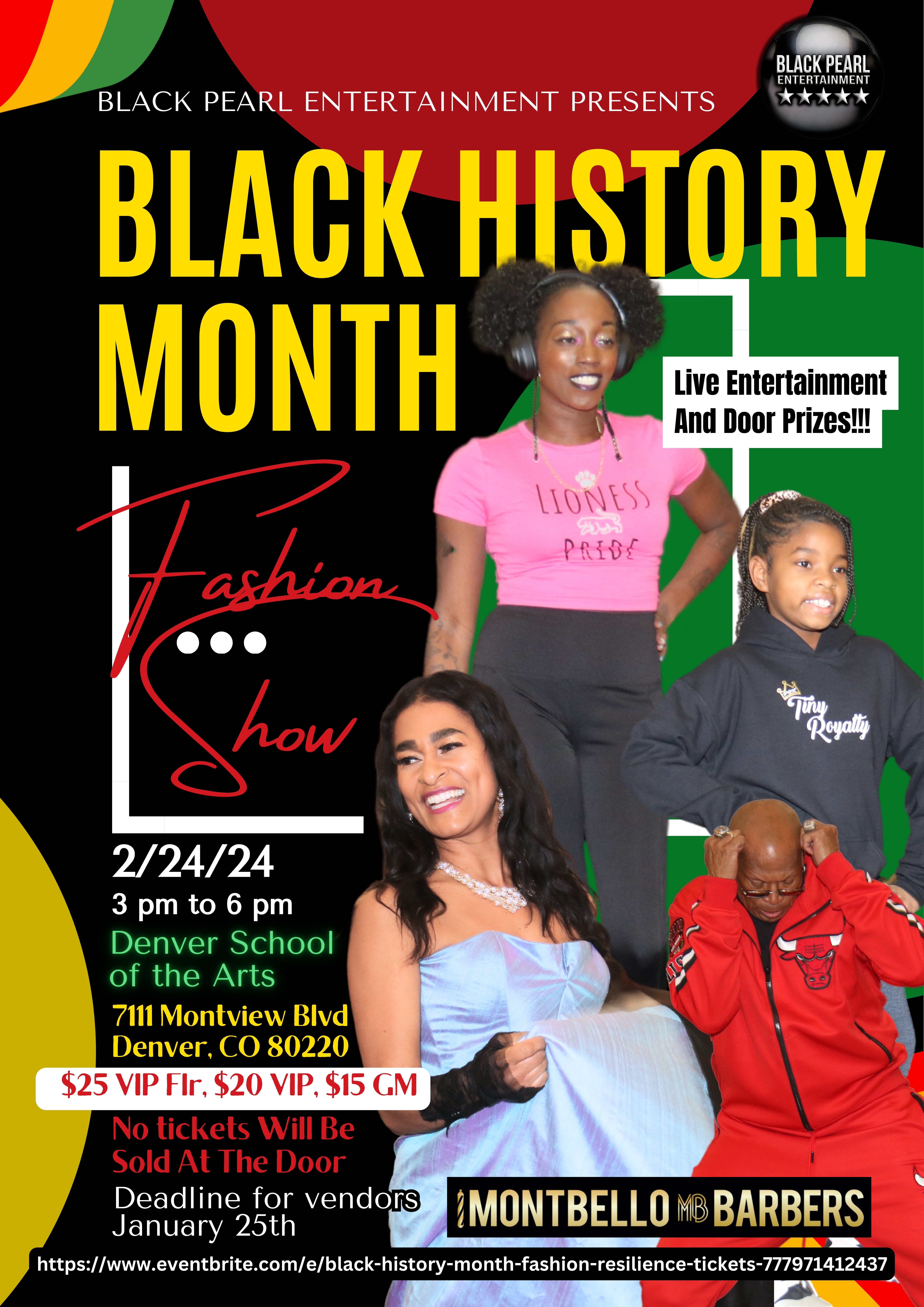 Poster for Black History Month fashion show featuring three women, event details, and ticket prices.