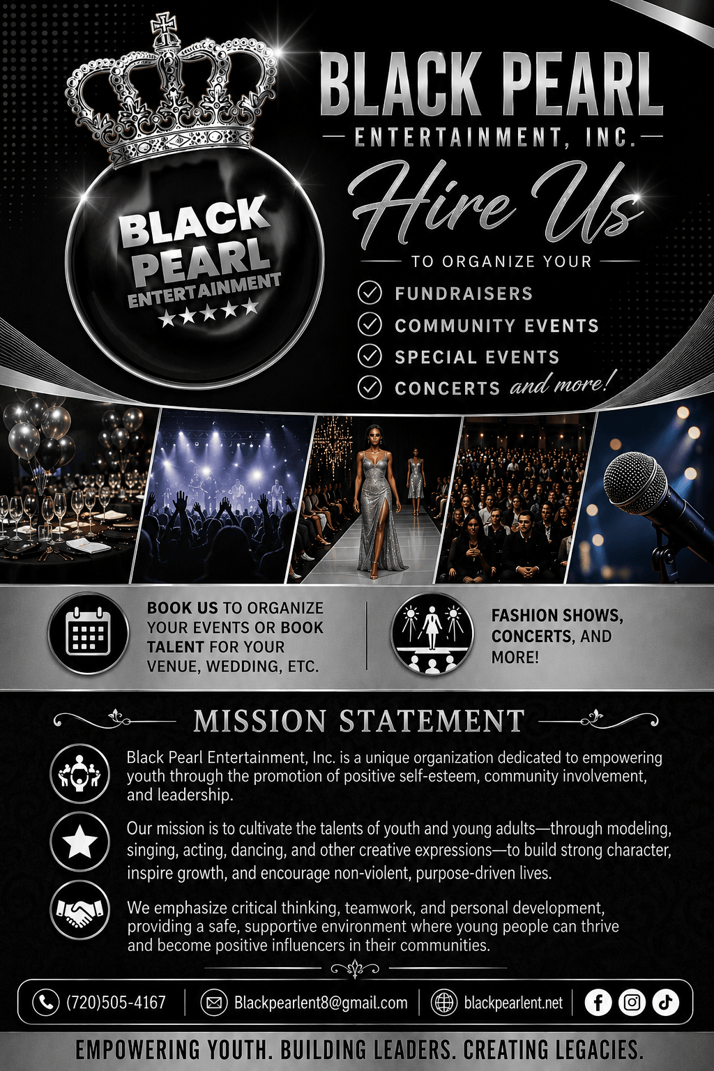 Black Pearl Entertainment logo with crown, event details, images of a concert, fashion show, and microphone, and contact info.