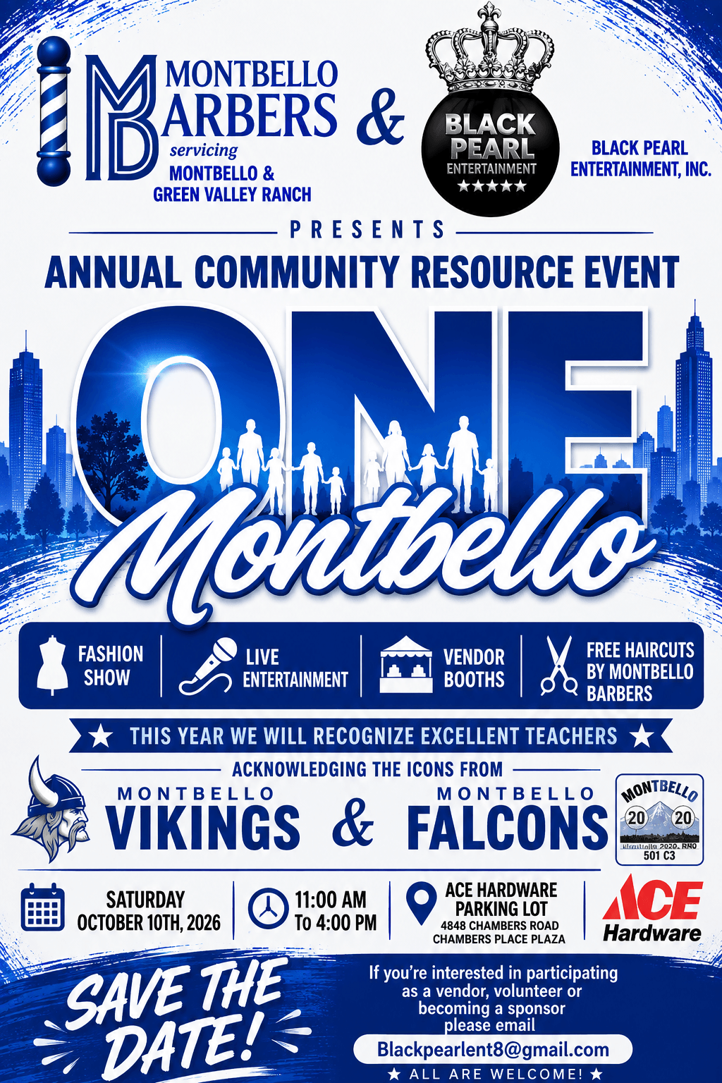 Event poster for Montbello community resource event with logos, event details, and a city skyline background.