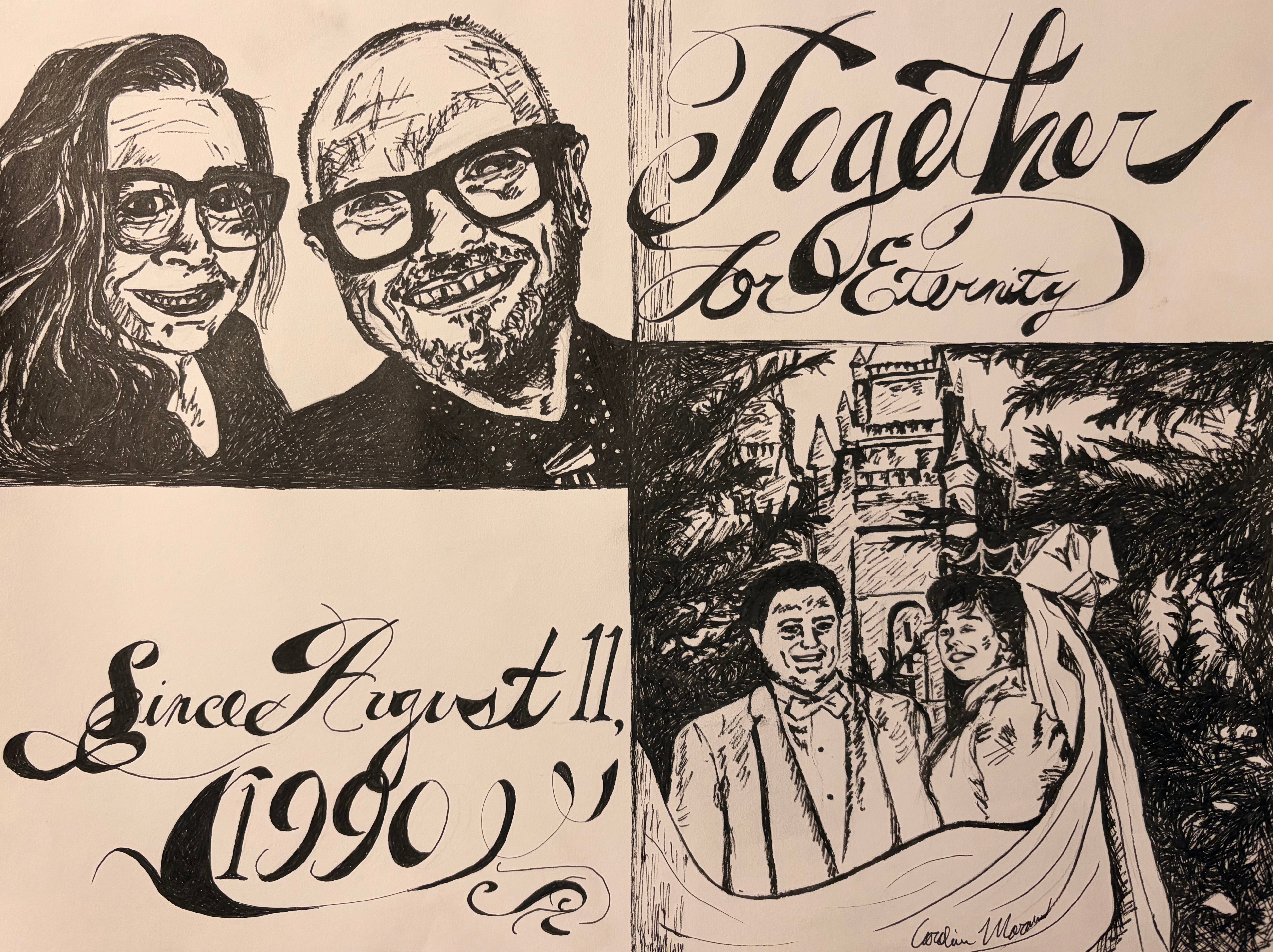 Two people in a drawing, a woman and a man with glasses, with handwritten text and a scene of a couple outdoors.