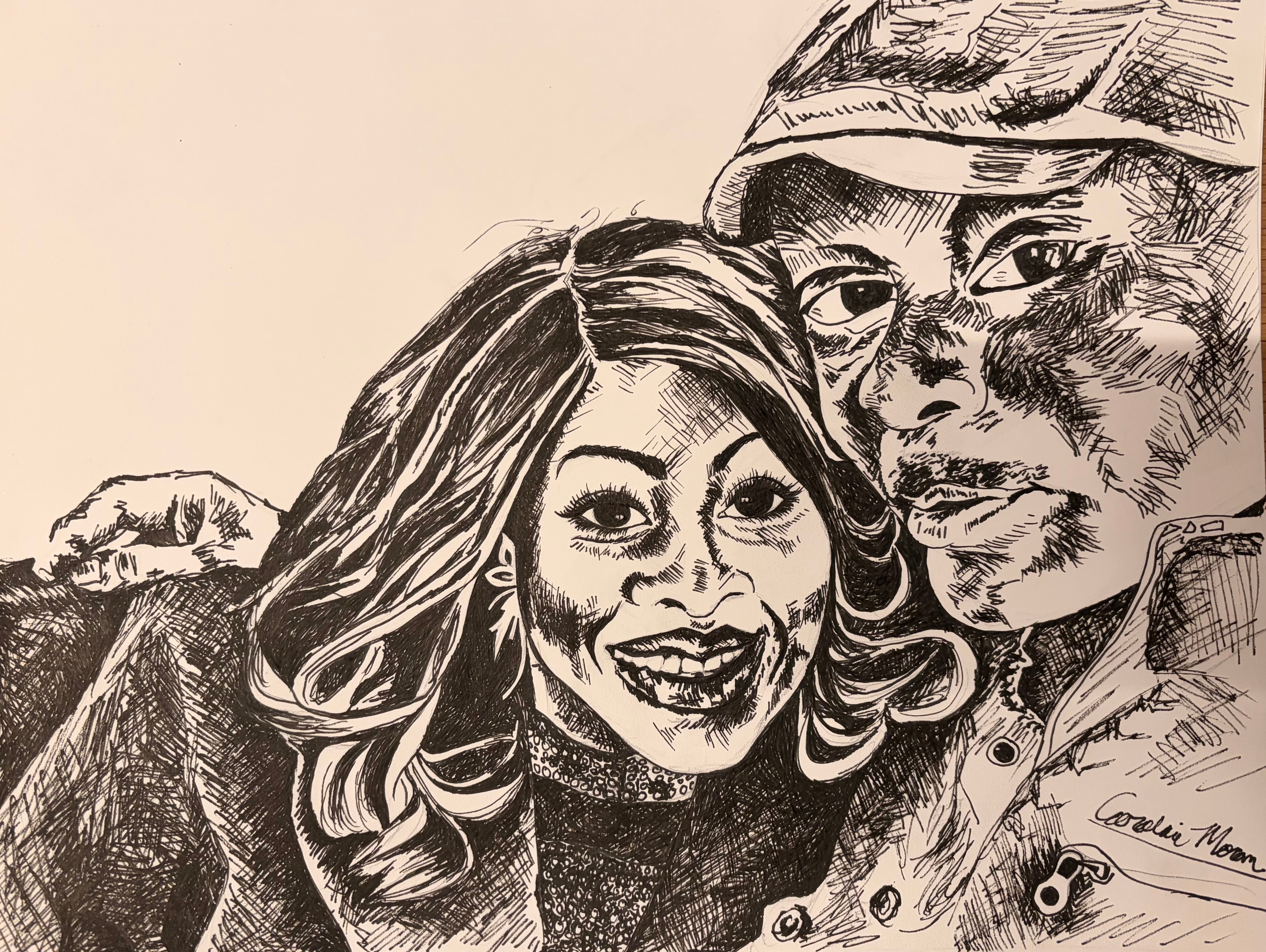 Two people smiling, one with long wavy hair and the other wearing a cap, in a sketch style.