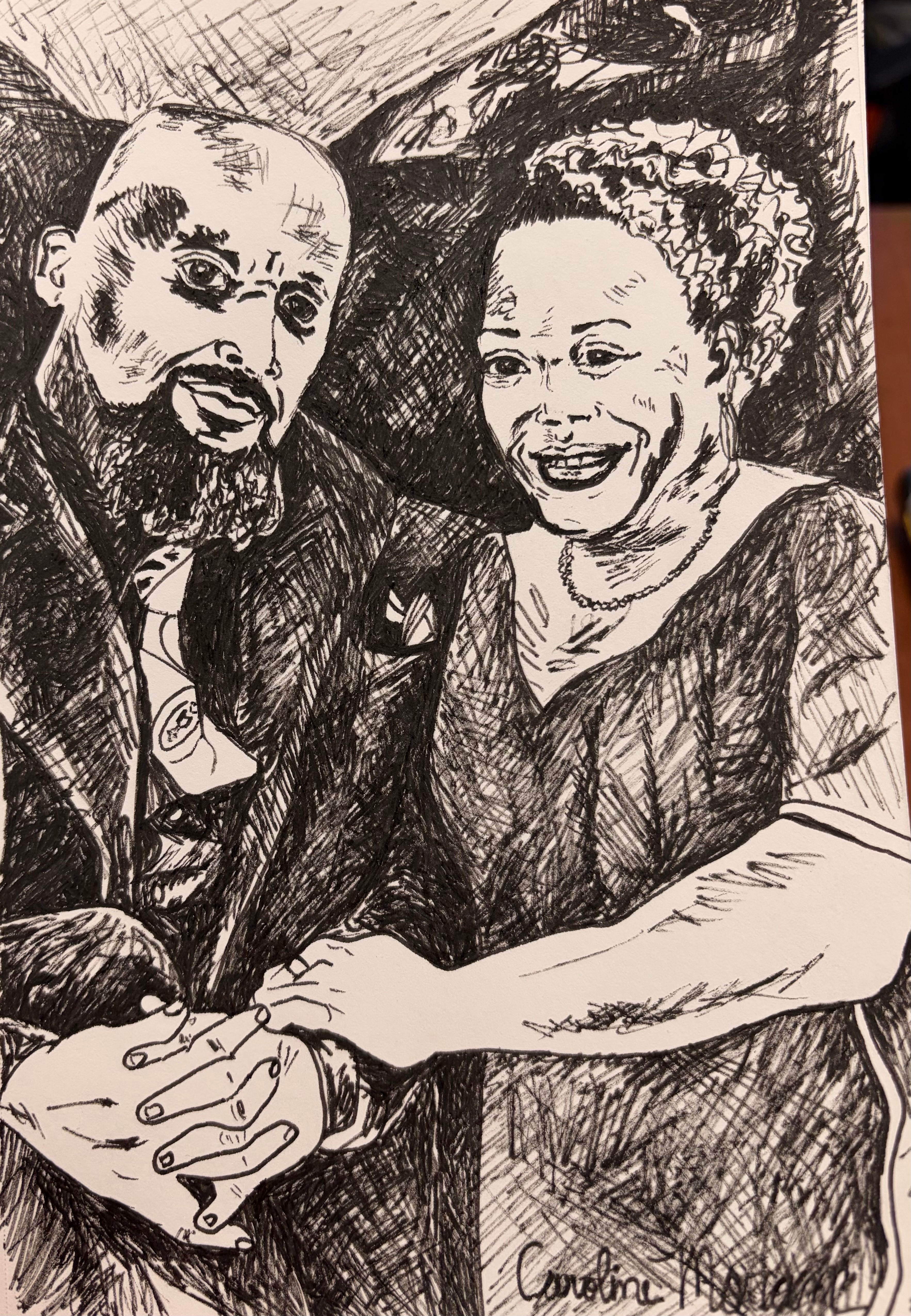 Sketch of a man and woman smiling, holding hands, with detailed facial features and clothing, in black and white.