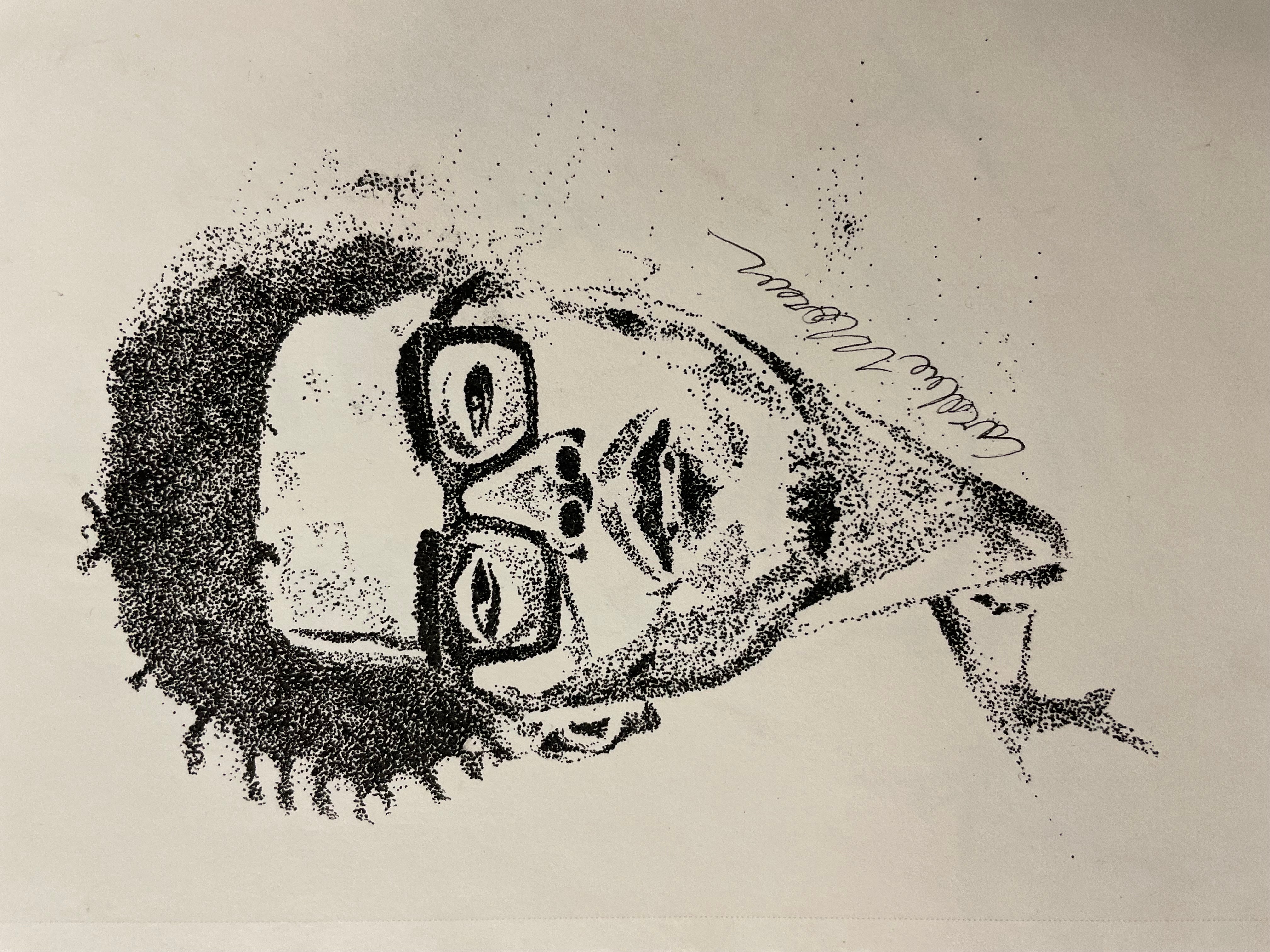 Portrait of a person with glasses, short curly hair, and a beard, drawn with black ink or charcoal, with a signature.
