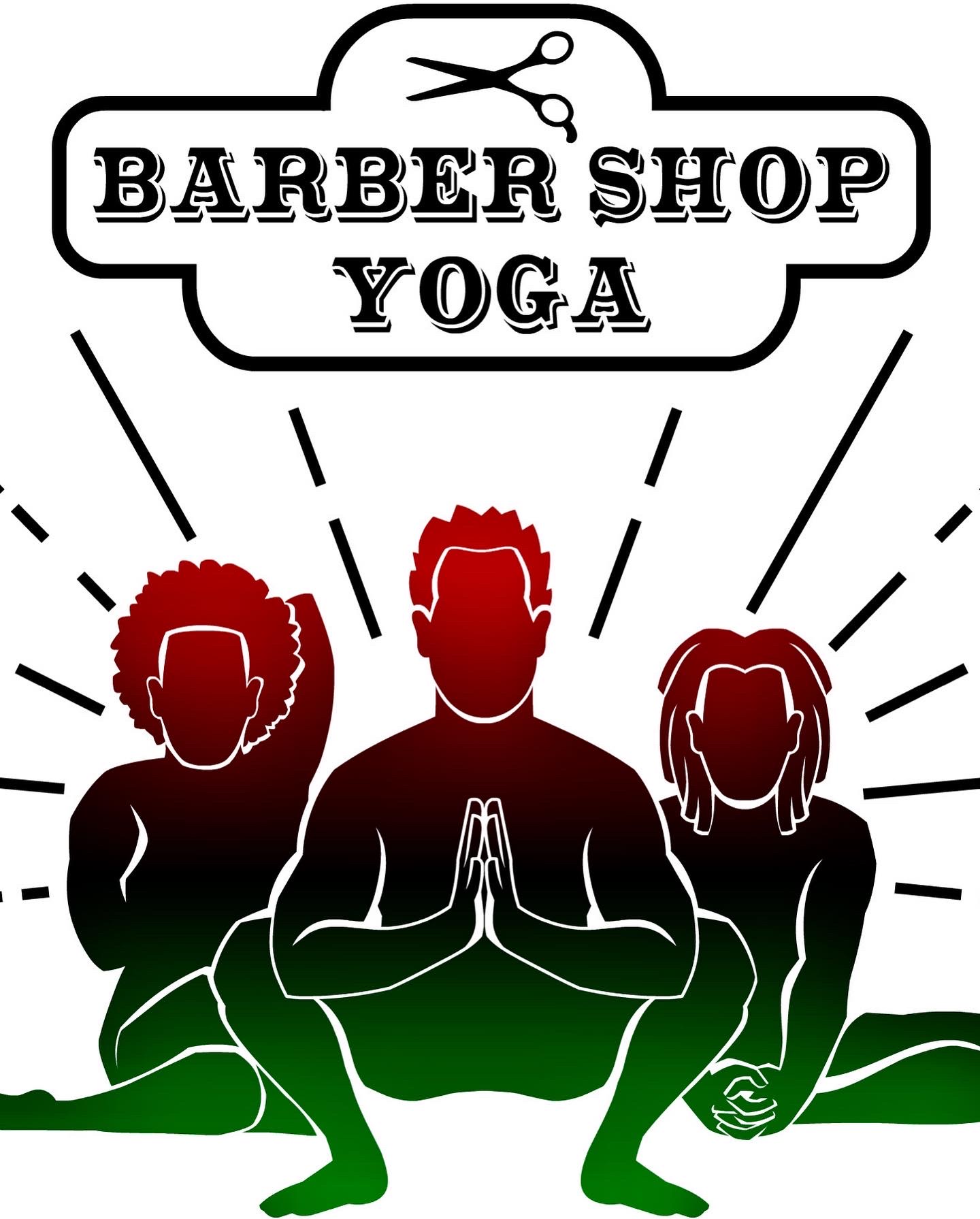 Logo with scissors icon, text 'Barber Shop Yoga', and three people in yoga poses with hands together, sitting cross-legged.