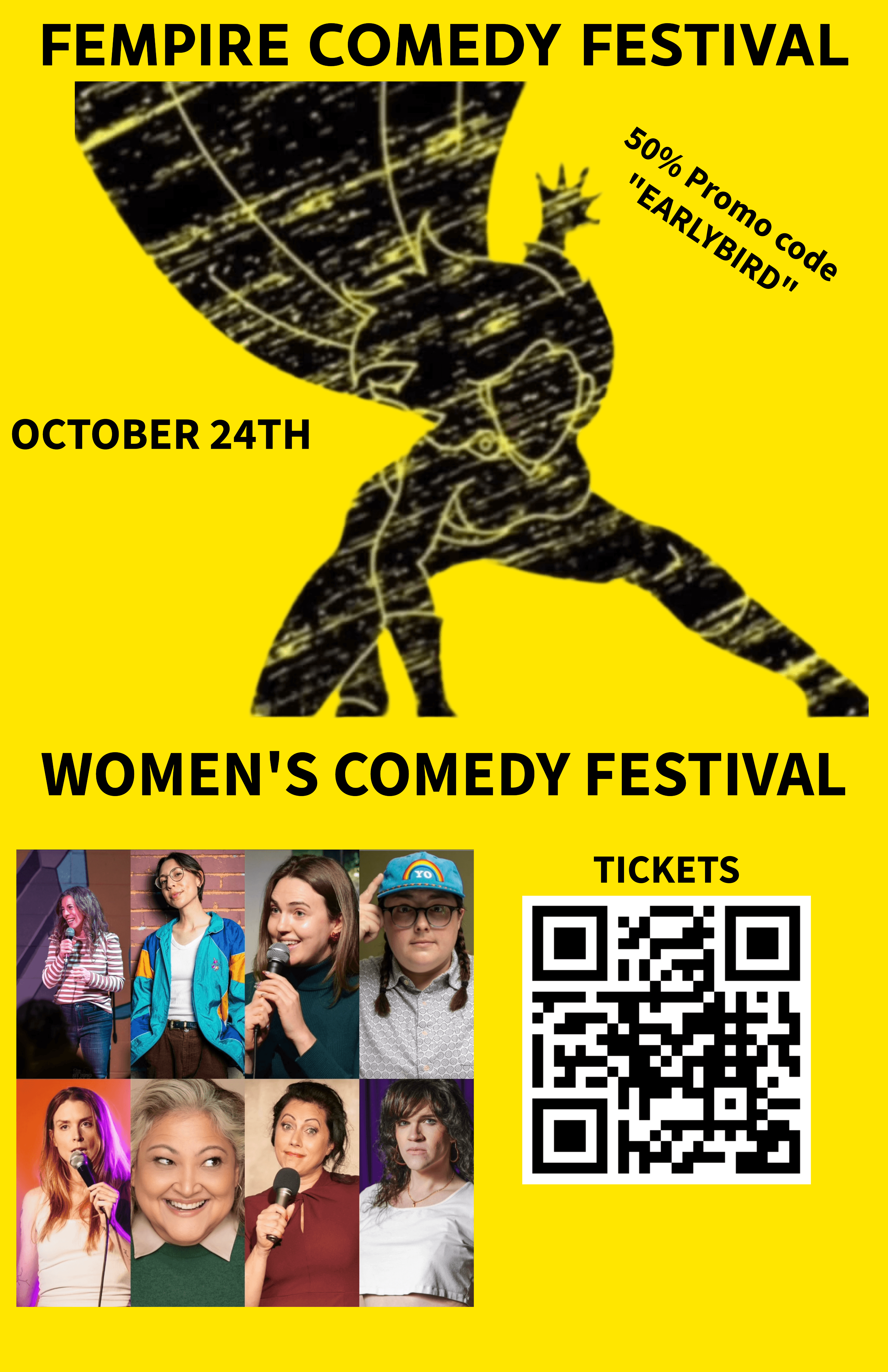 Silhouette of a person with a hat, yellow background, event details, photos of women, and a QR code for tickets.