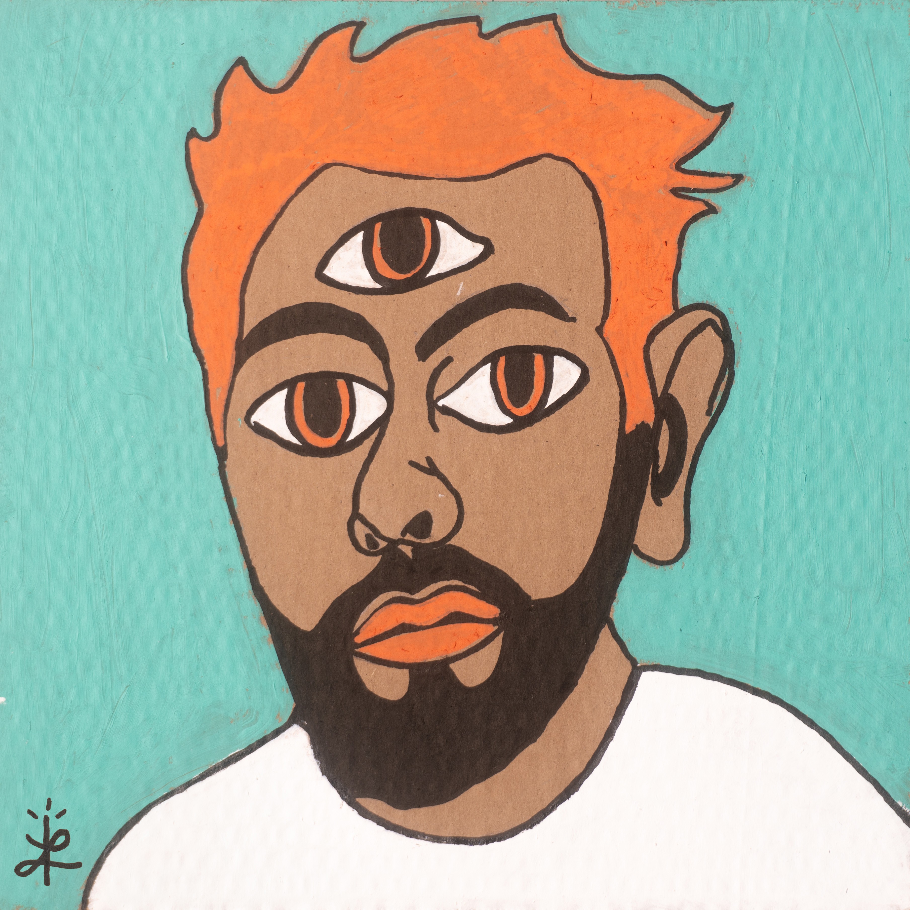 Drawing of a person with orange hair, a beard, and three eyes, against a teal background.