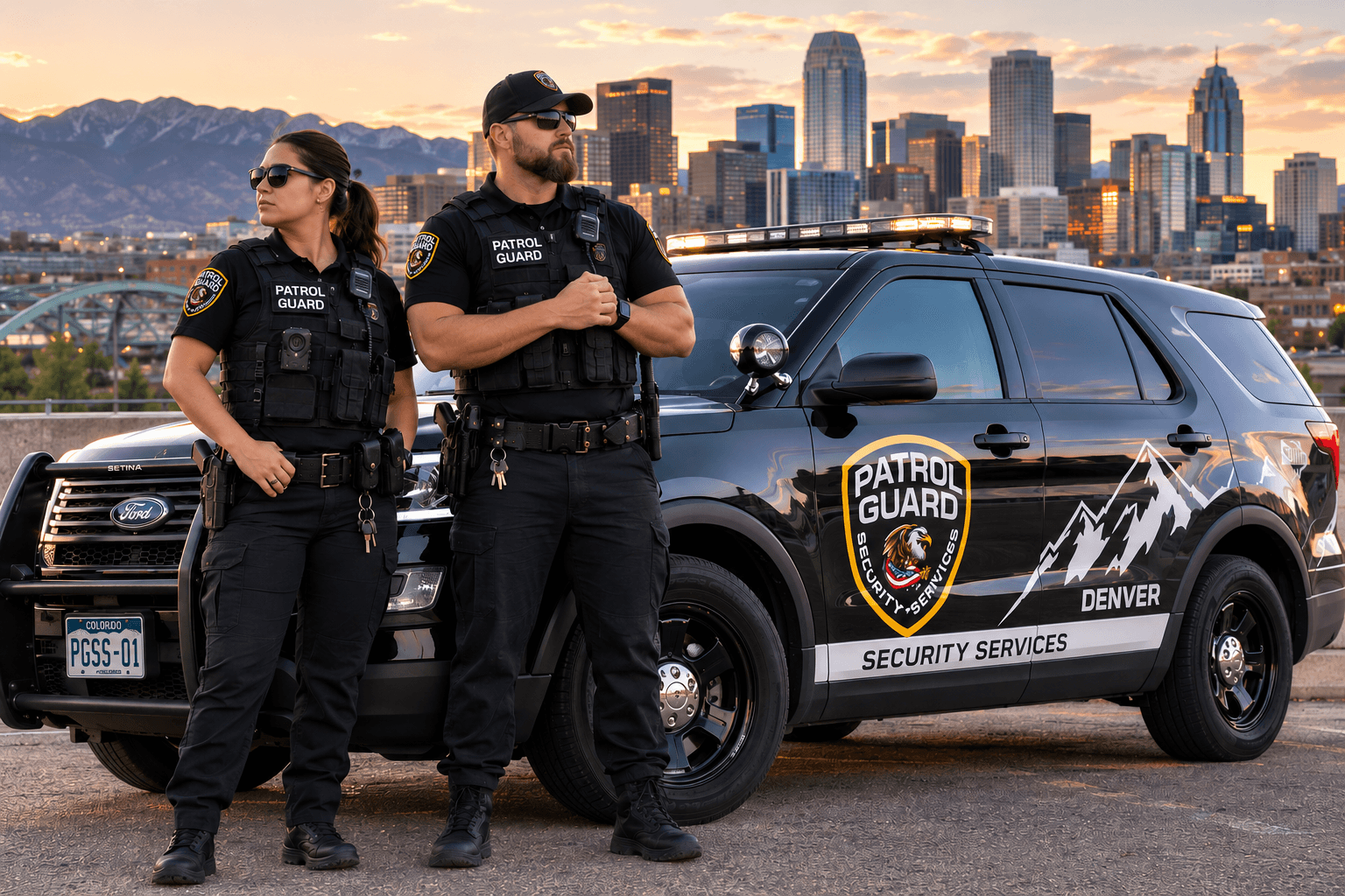 Two police officers stand beside a patrol vehicle with a city skyline in the background.
