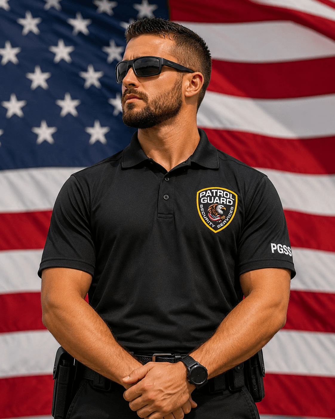Man in patrol guard uniform with sunglasses stands in front of an American flag, arms crossed, looking to the side.
