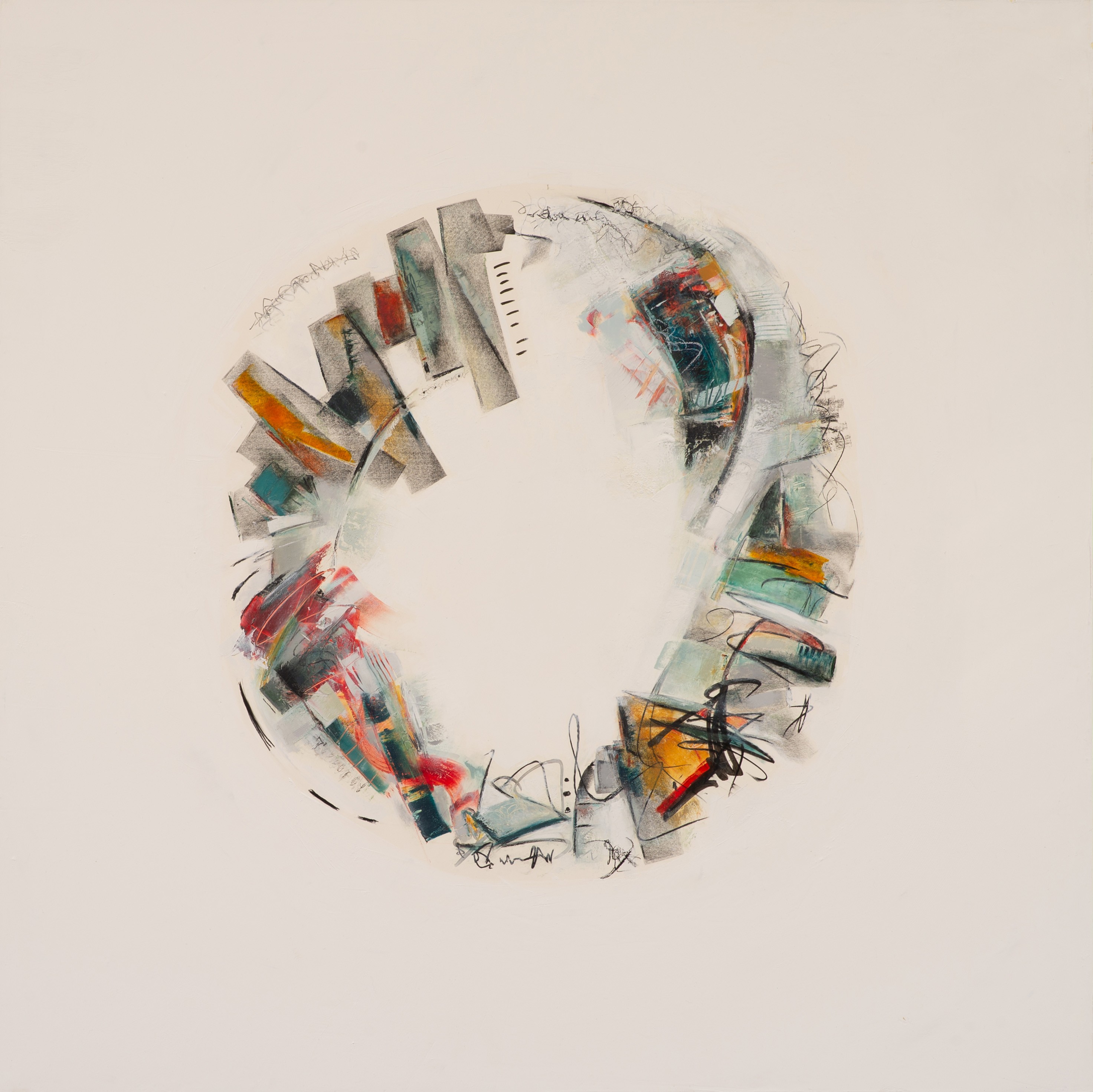 Abstract circular artwork with colorful geometric shapes and lines on a white background.