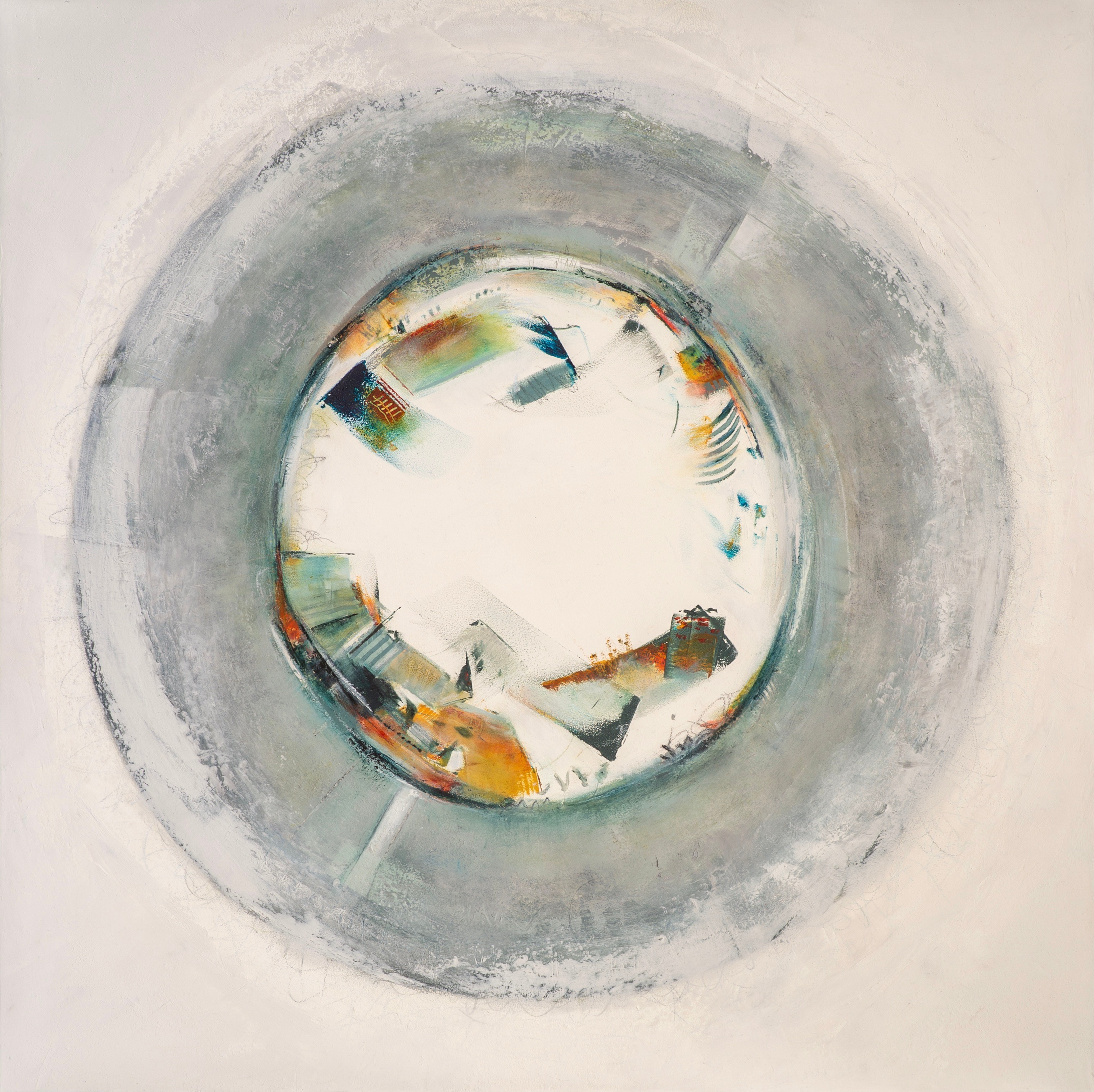 Abstract circular artwork with a central white space, surrounded by gray and colorful brushstrokes, resembling a tunnel or vortex.