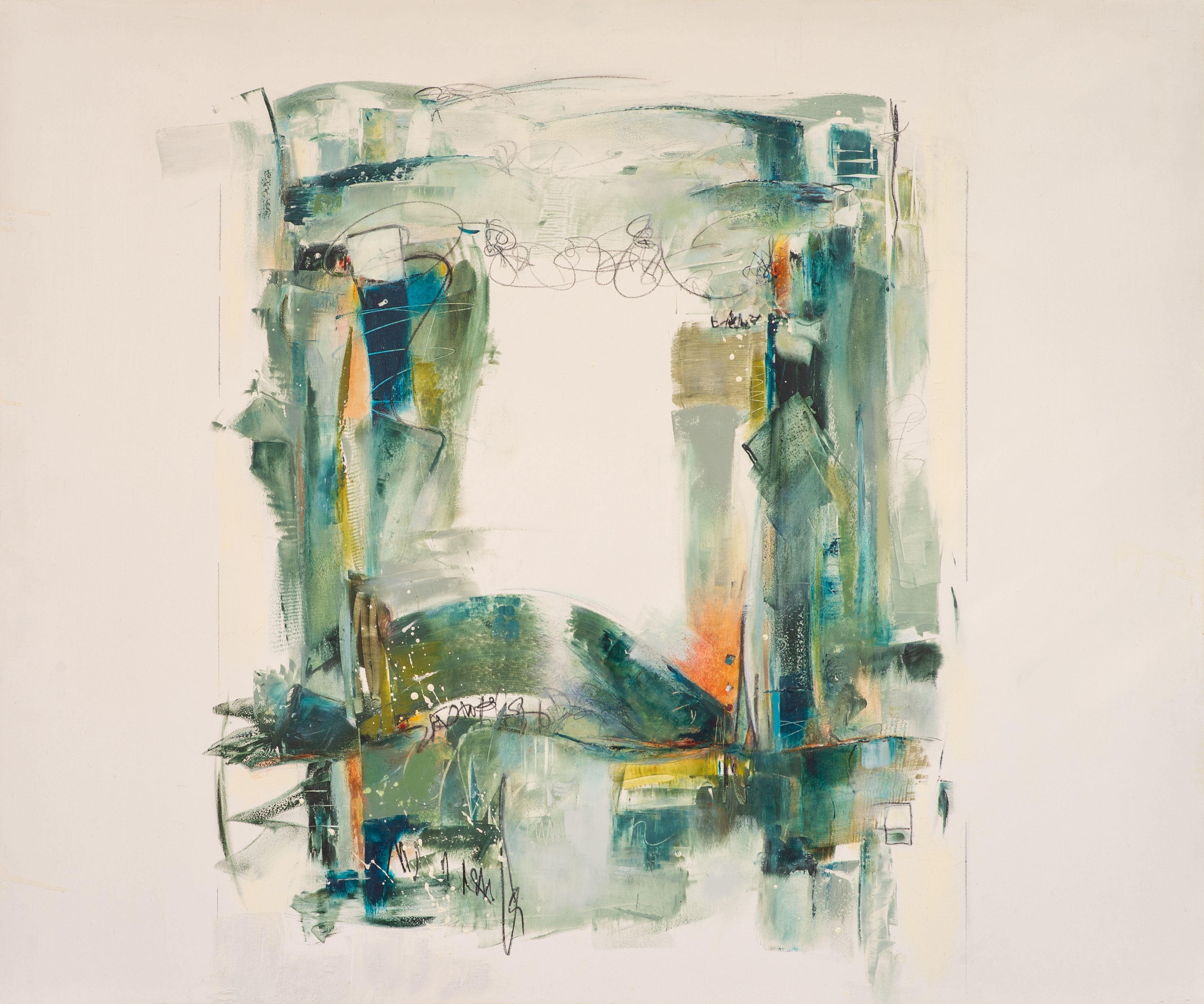 Abstract painting with green, blue, and orange brushstrokes, featuring a central white space, on a light background.