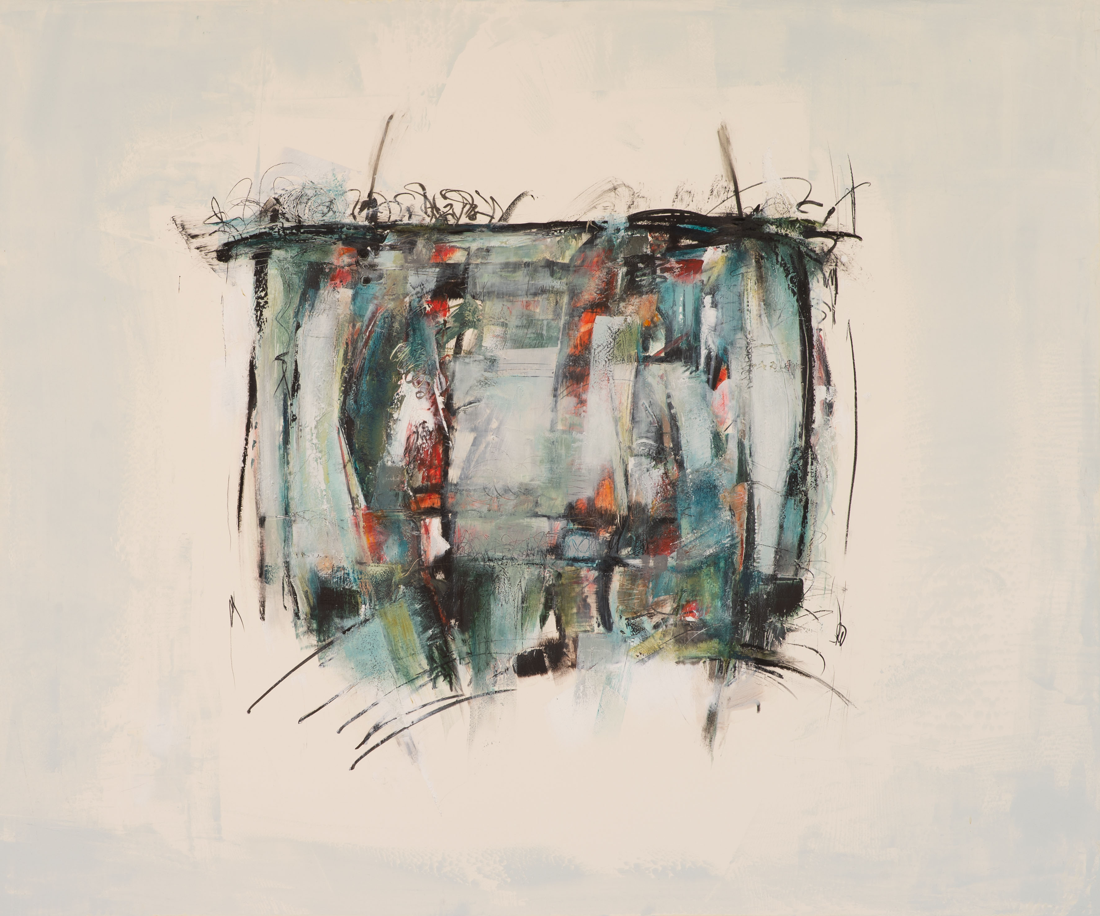 Abstract painting with vertical and horizontal brushstrokes in various colors on a light background.