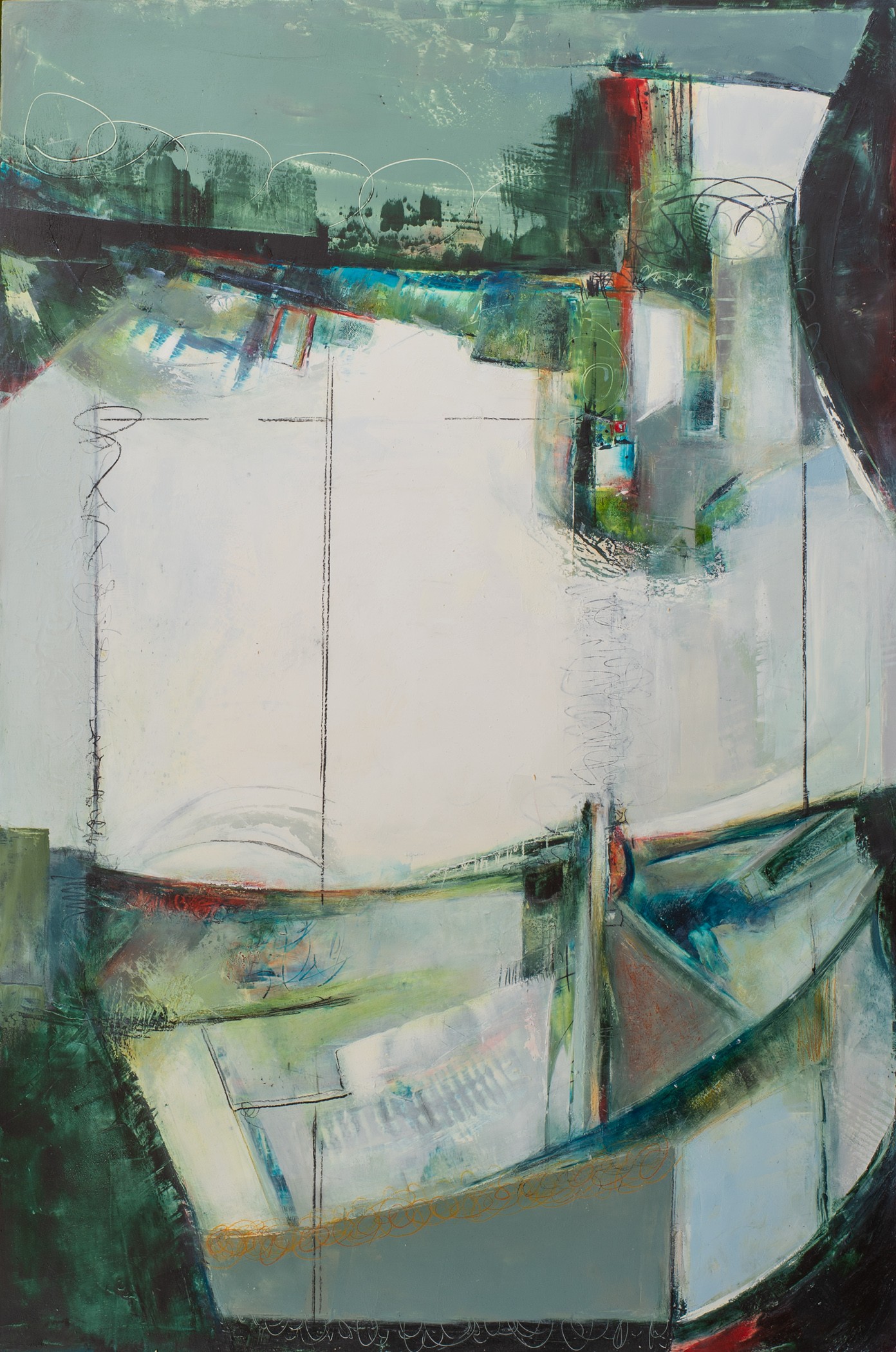 Abstract painting with green, blue, red, and white colors, featuring geometric shapes and textured brushstrokes.
