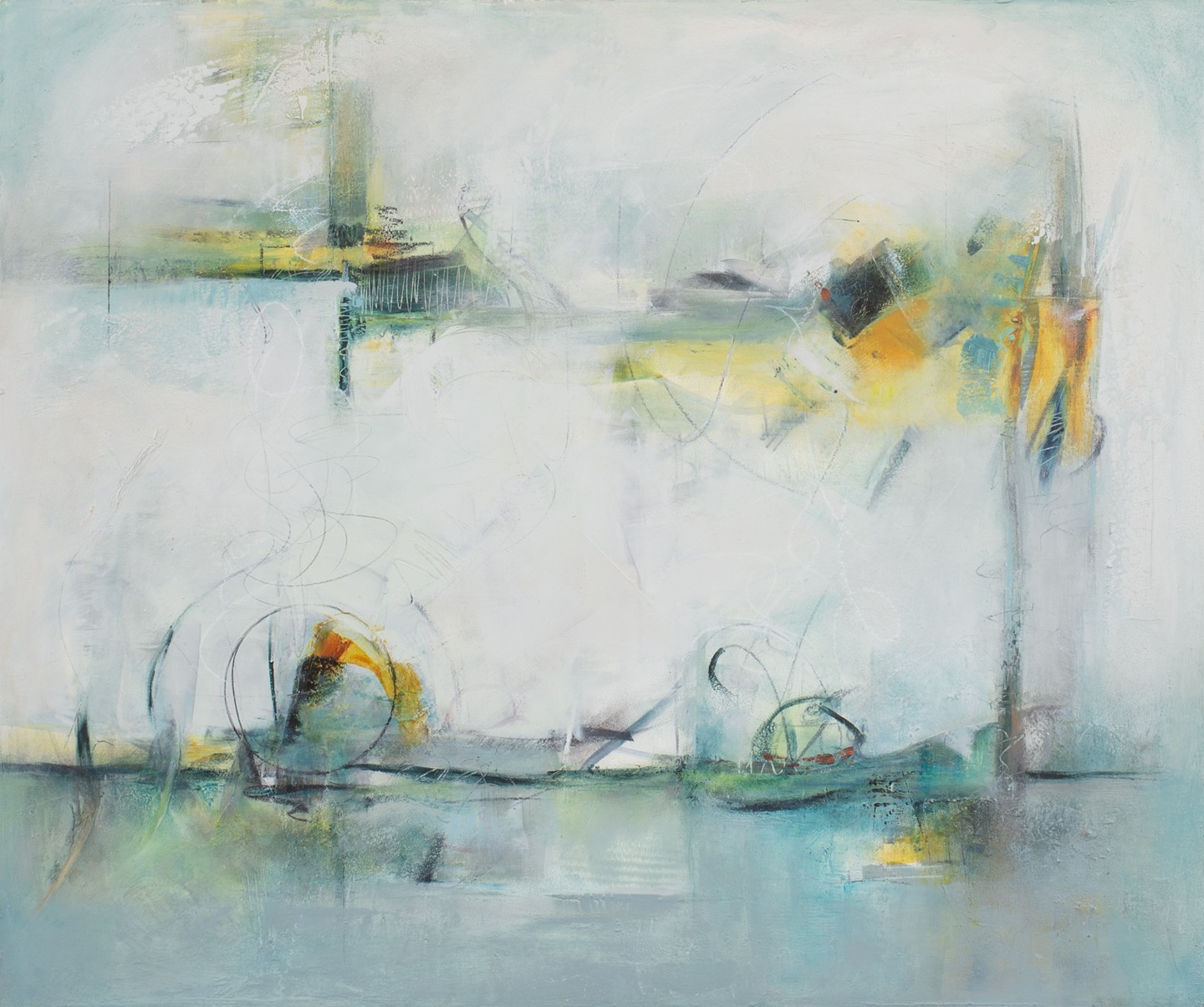 Abstract painting with light blue, white, yellow, and dark accents, featuring indistinct shapes and brushstrokes.