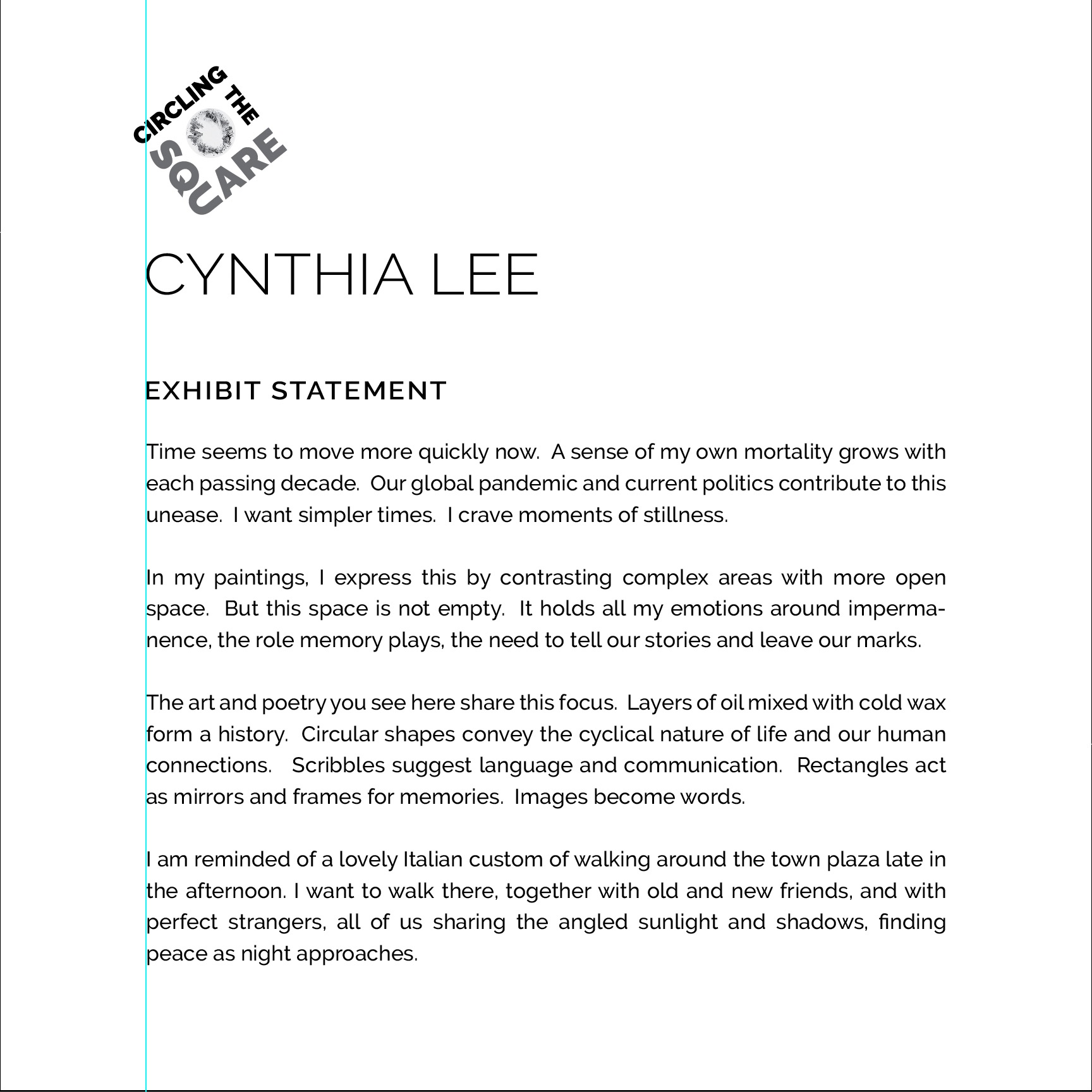 Text document with title 'CYNTHIA LEE' and exhibit statement, discussing art, memories, and peace, with a white background.