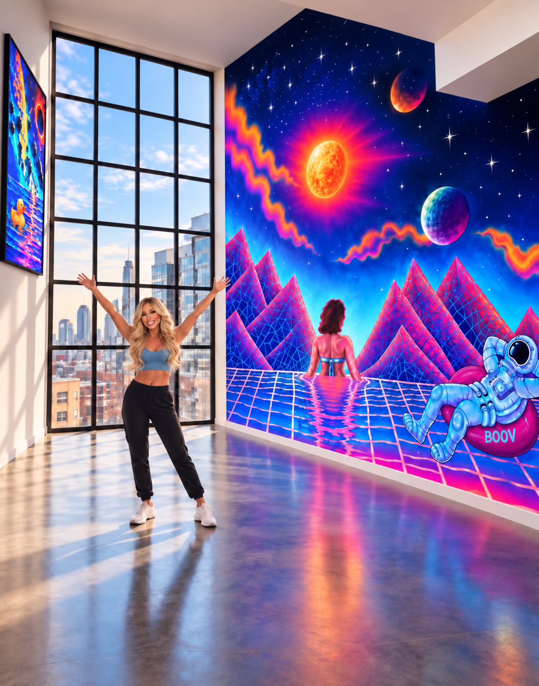 Person with arms raised standing in front of a vibrant space-themed mural with planets, mountains, and a grid pattern.