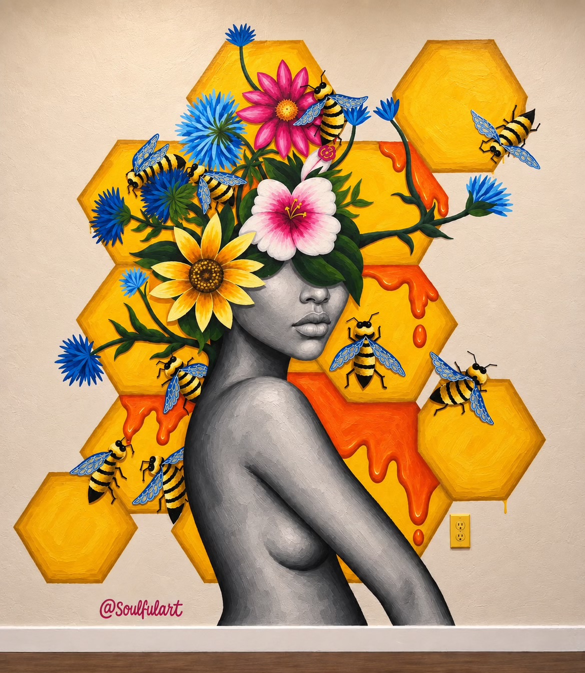 Black and white woman with colorful flowers and honeybees emerging from her head, honeycomb shapes in background, wall art.