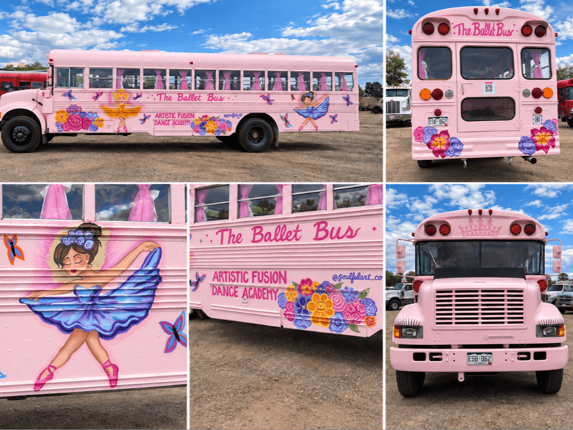 Pink bus decorated with flowers, a ballerina, and text promoting a ballet bus and dance academy, with a blue sky background.