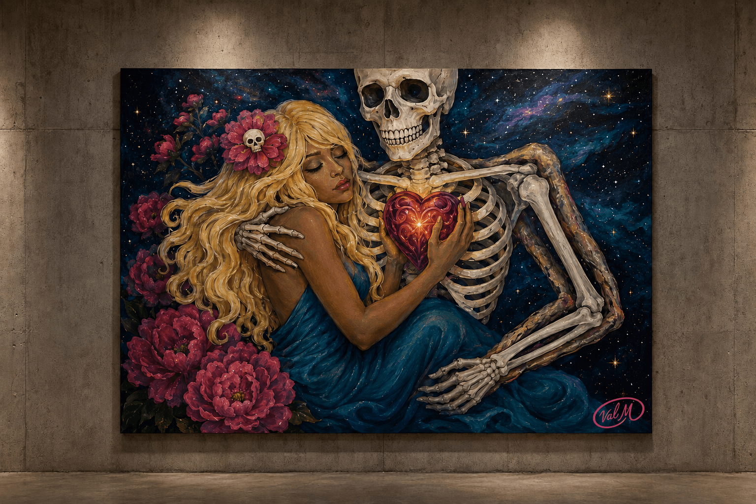 A painting of a woman with long blonde hair holding a glowing heart, embraced by a skeleton, surrounded by pink flowers and a starry background.