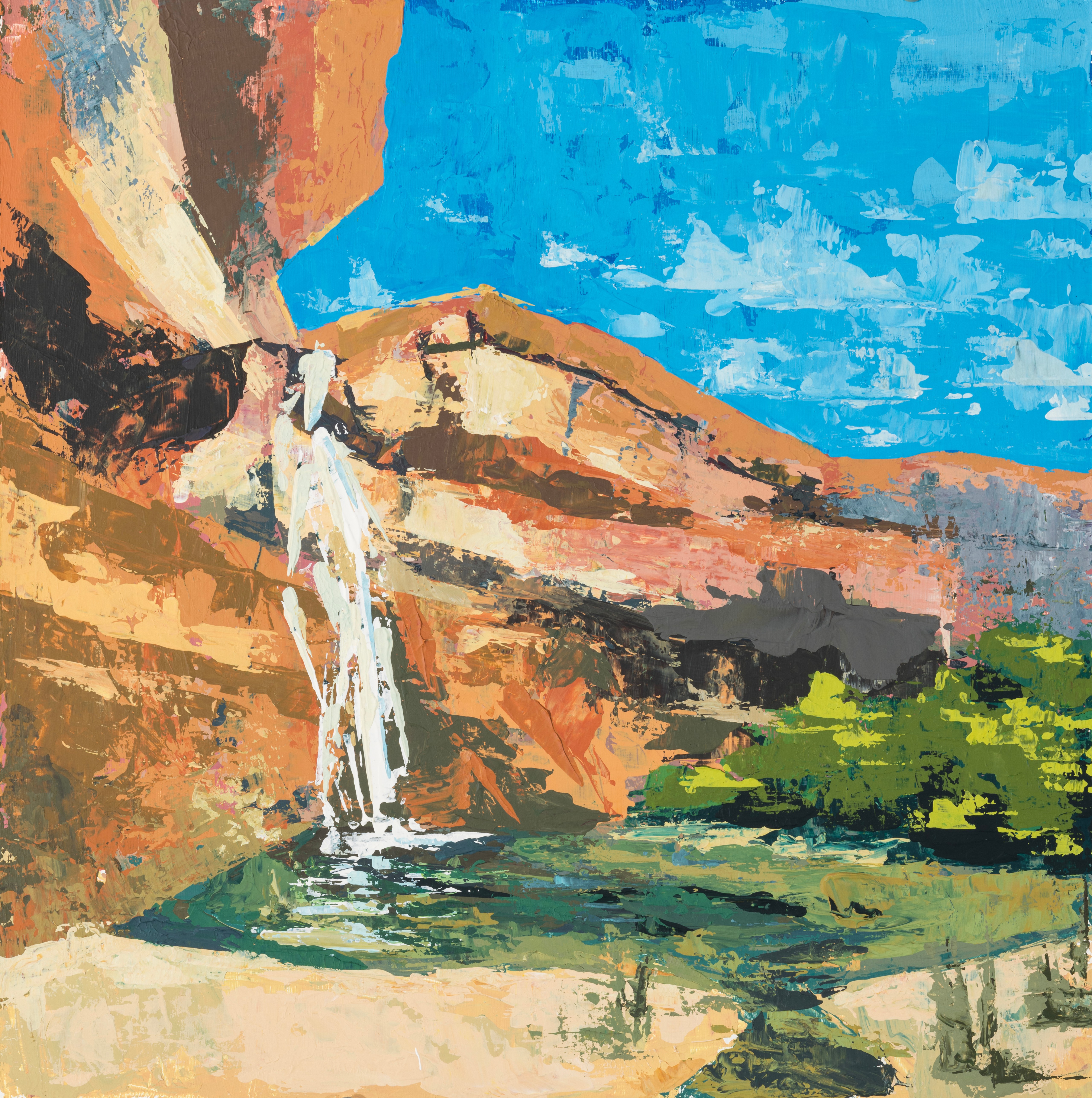 Landscape with cliffs, waterfall, blue sky, and green trees, painted in an impressionistic style.