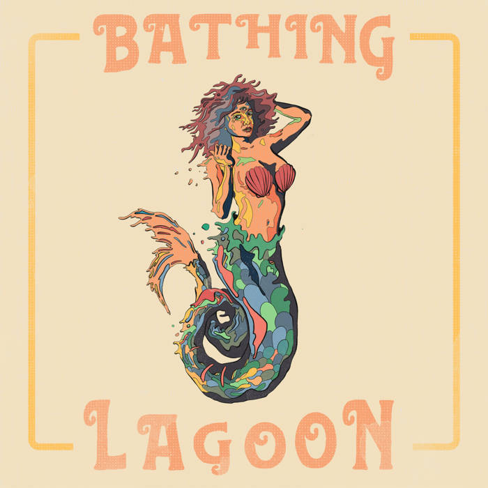 Illustration of a mermaid with colorful hair and tail, with the words 'Bathing Lagoon' above and below.