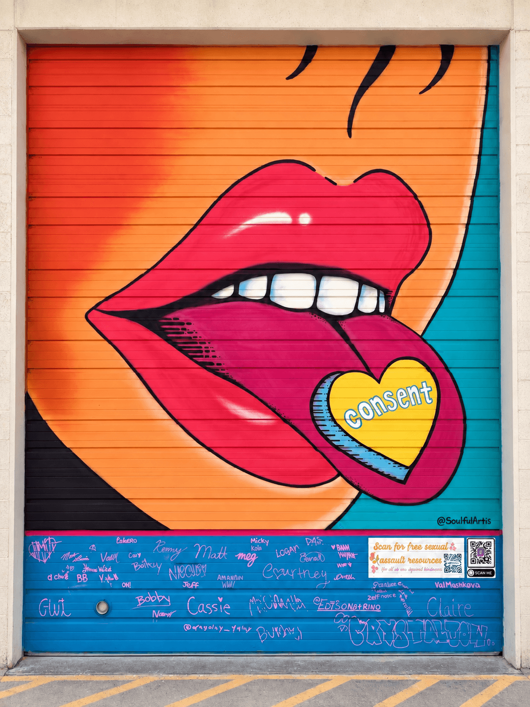 Graffiti of lips with a tongue holding a heart-shaped object labeled 'Consent' on a colorful background.