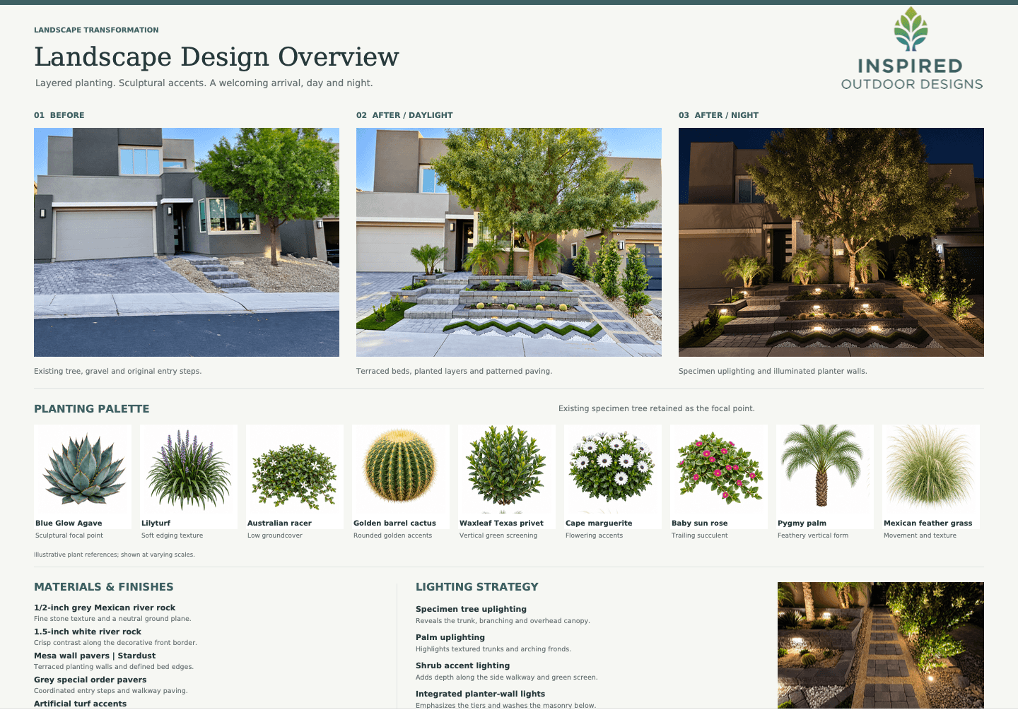 Landscape design overview with images of modern outdoor spaces, planting palette, materials, and lighting strategies, featuring trees, plants, and pathways.