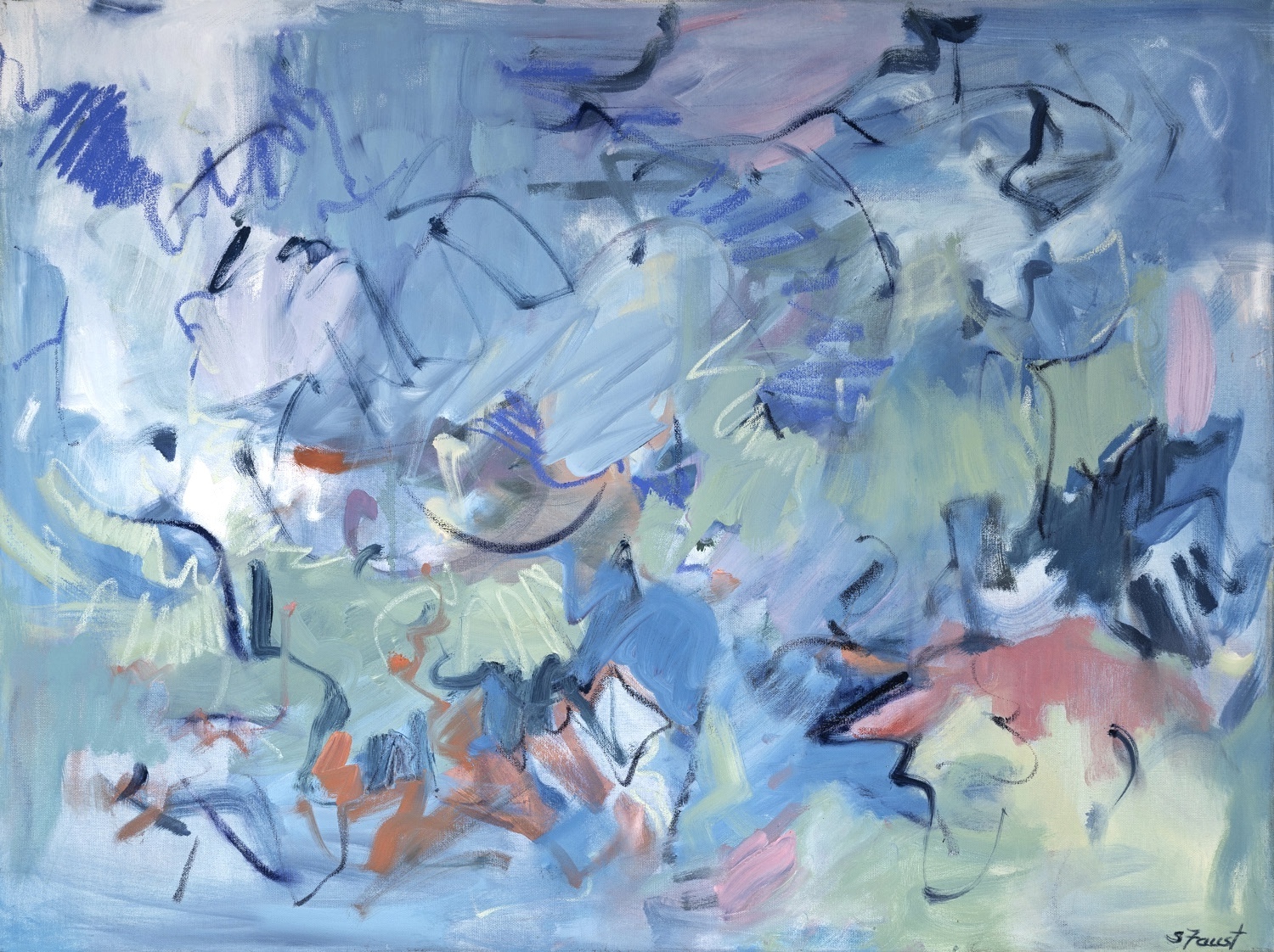 Abstract painting with blue, pink, and green brushstrokes and scribbles.