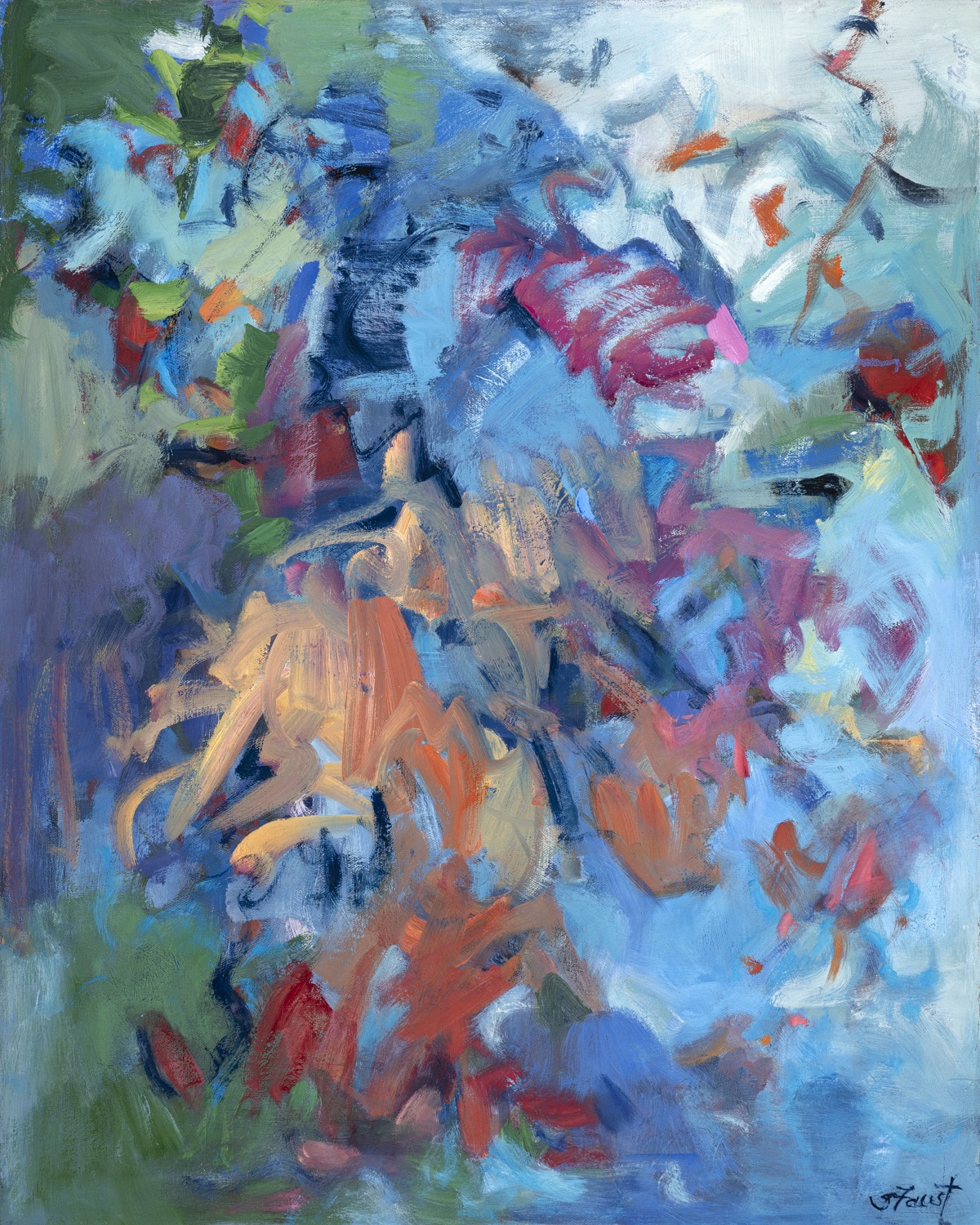 Abstract painting with blue, orange, green, and pink brushstrokes creating a dynamic composition.
