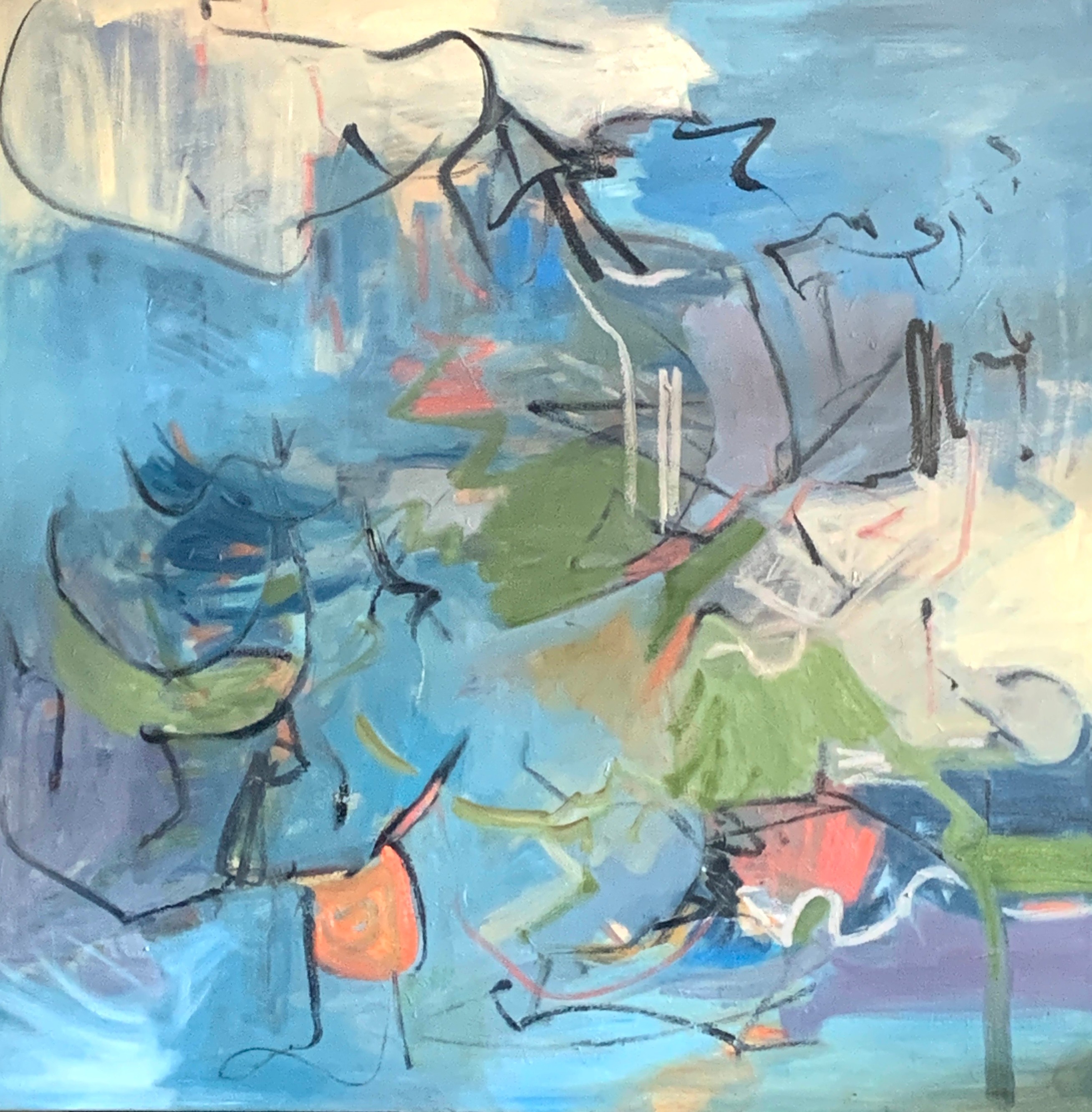 Abstract painting with blue, green, orange, and white colors, featuring loose, expressive brushstrokes and lines.