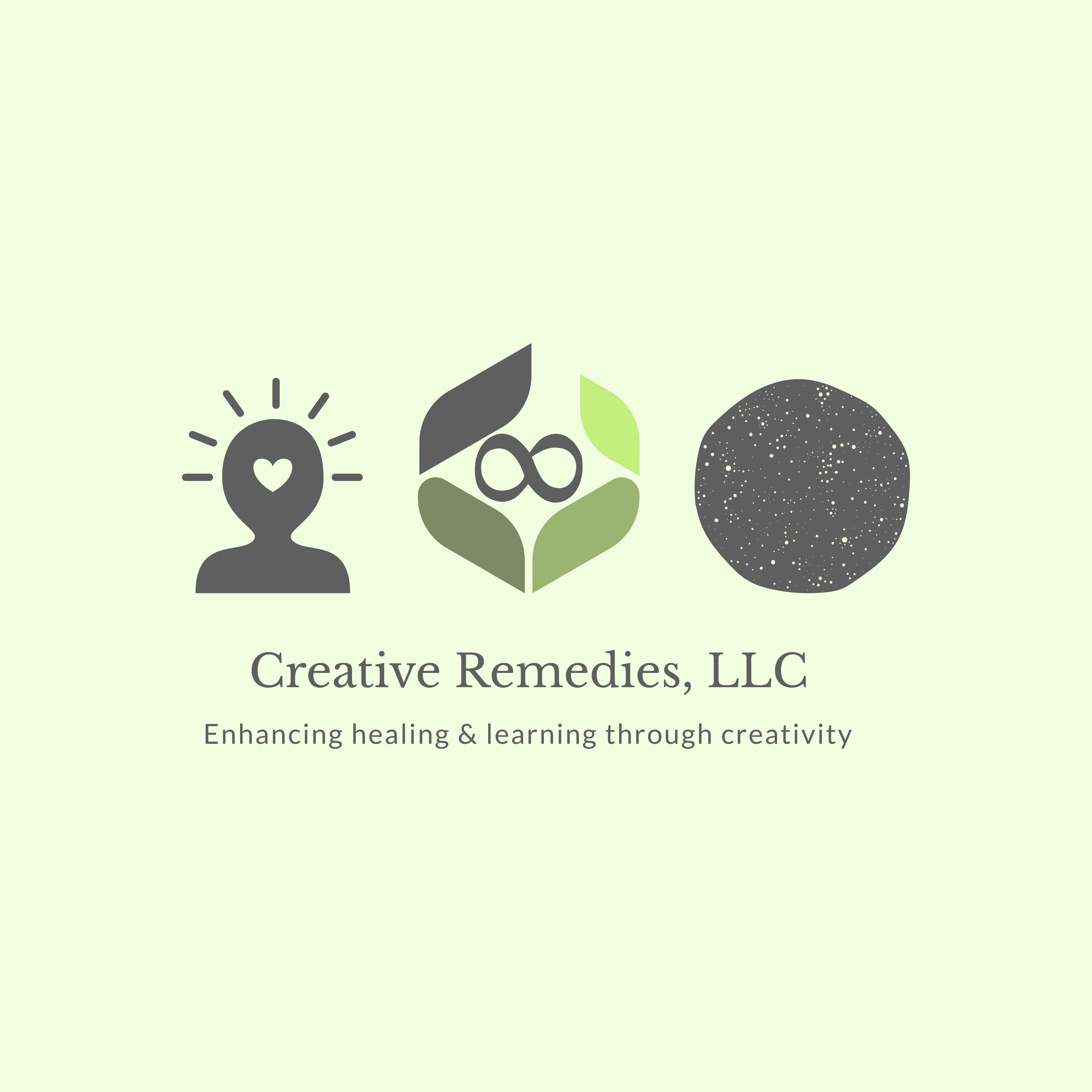 Logo with a lightbulb, leaf, and textured circle, with company name and tagline on a light green background.