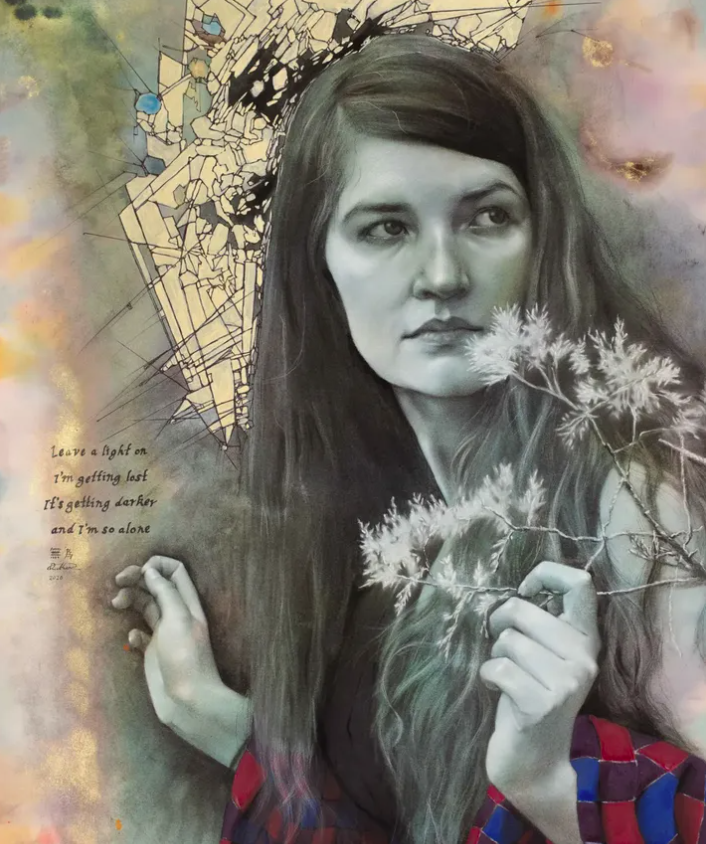 Black and white portrait of a woman holding flowers, with abstract background and handwritten text, colorful edges.