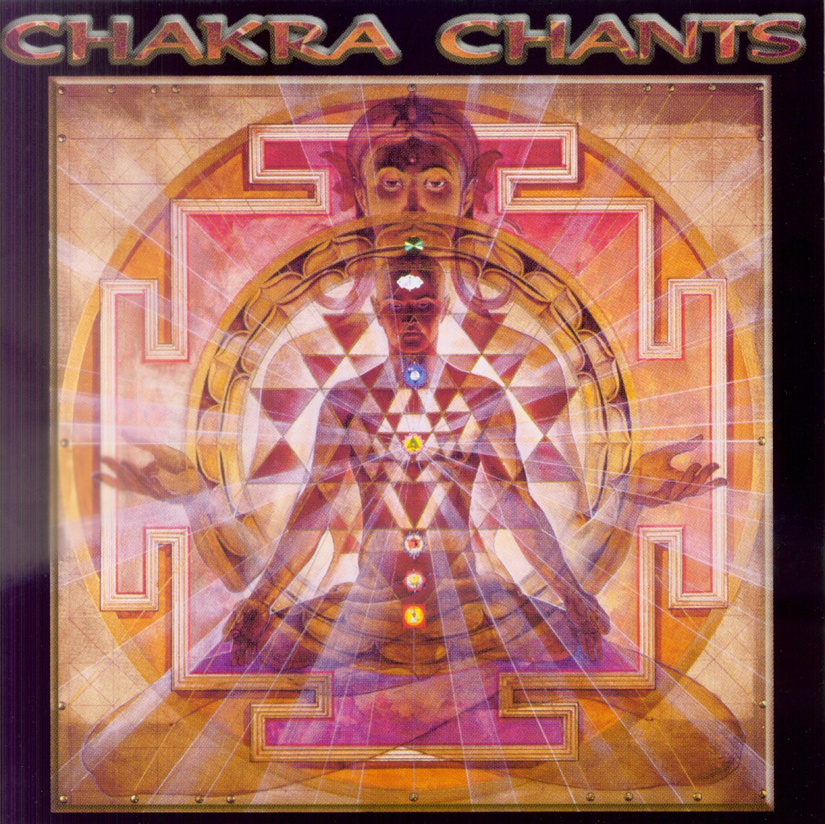 Colorful illustration of a person with multiple arms and a geometric background, titled 'Chakra Chants'.