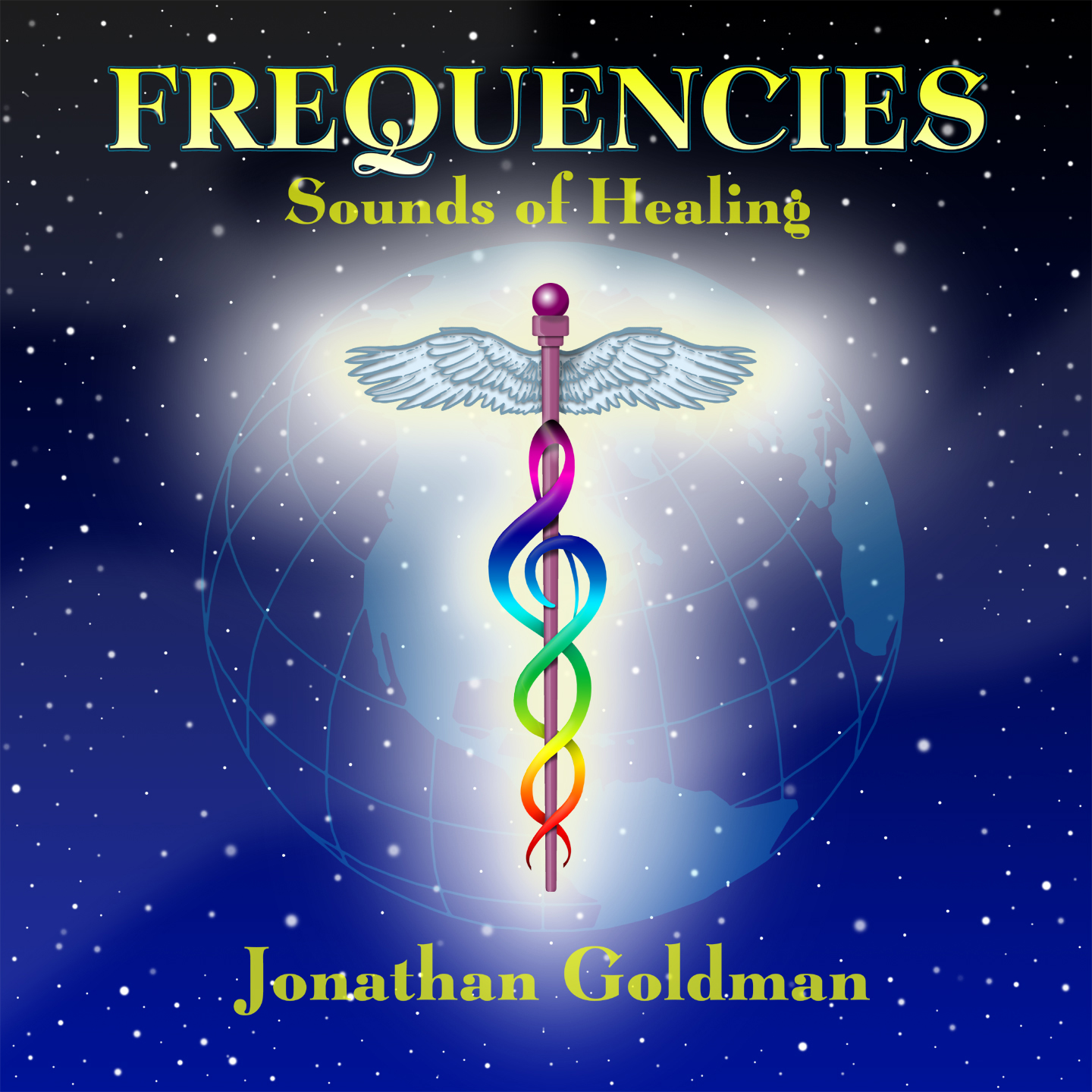 Book cover titled 'FREQUENCIES Sounds of Healing' with a colorful caduceus symbol and a starry background.