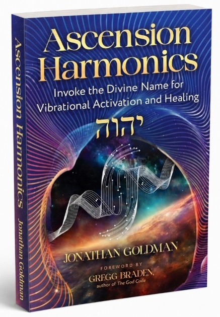 Book cover titled 'Ascension Harmonics' with a cosmic background and a musical wave, author Jonathan Goldman, subtitle about divine activation.