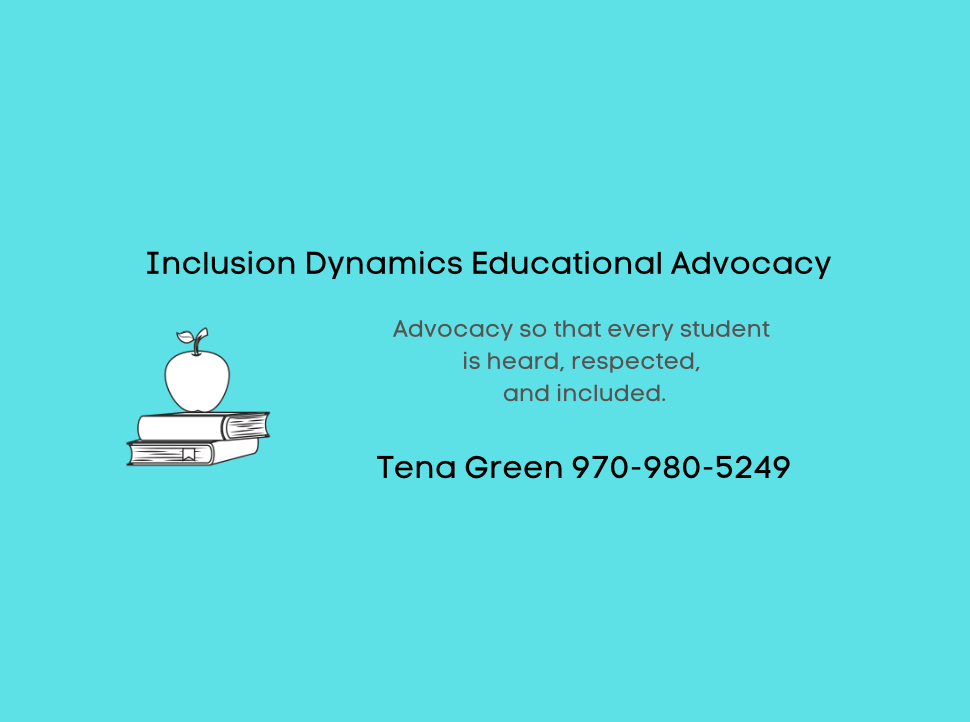 Blue background with black text about inclusion and advocacy, and a small illustration of an apple on books.