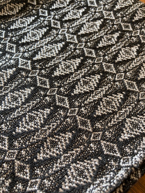 Close-up of a textured fabric with a geometric pattern of diamonds and zigzags in black and white